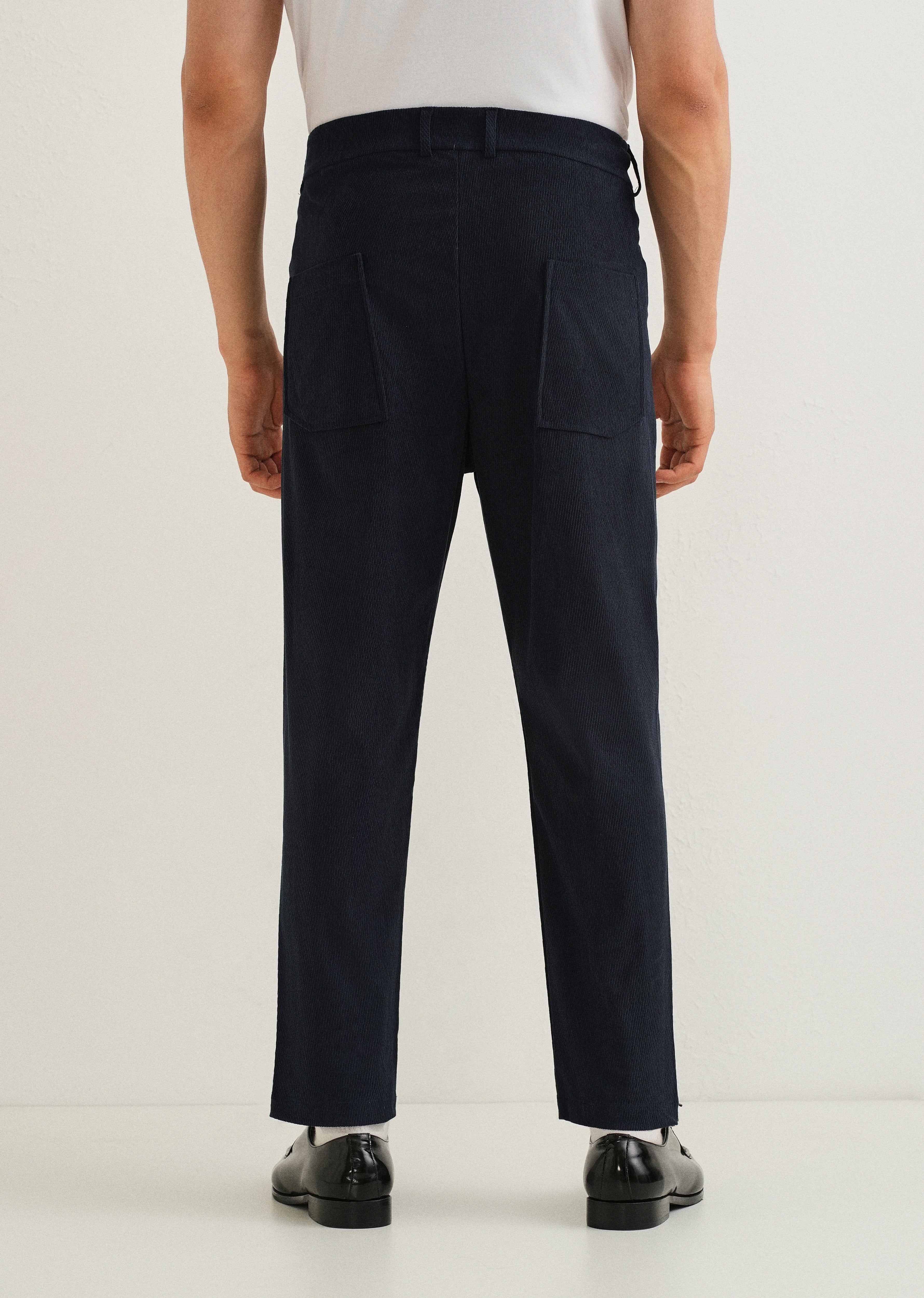 Dark Blue Textured Corduroy Drawstring Pant