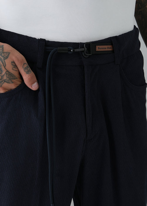 Dark Blue Textured Corduroy Drawstring Pant