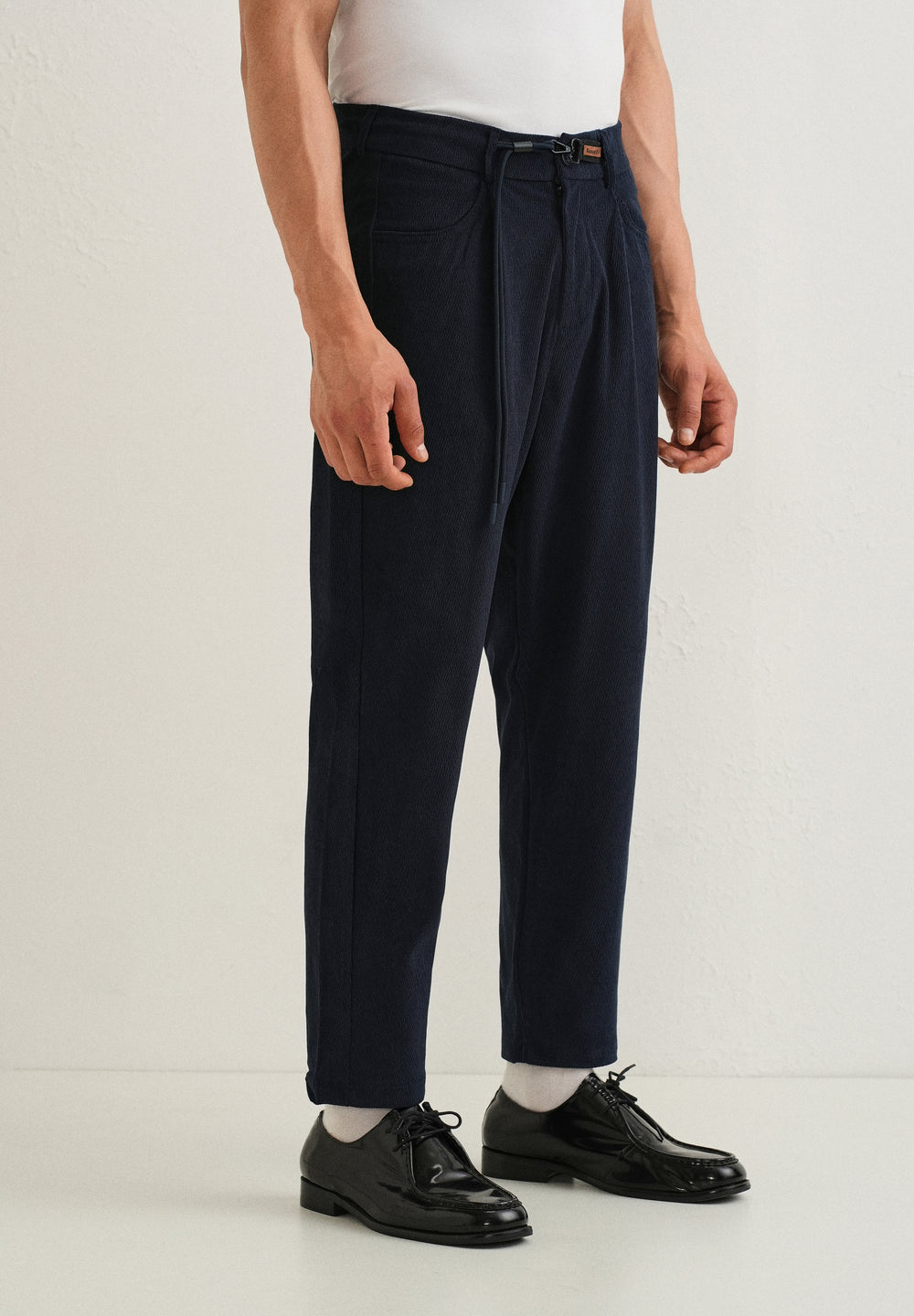 Dark Blue Textured Corduroy Drawstring Pant