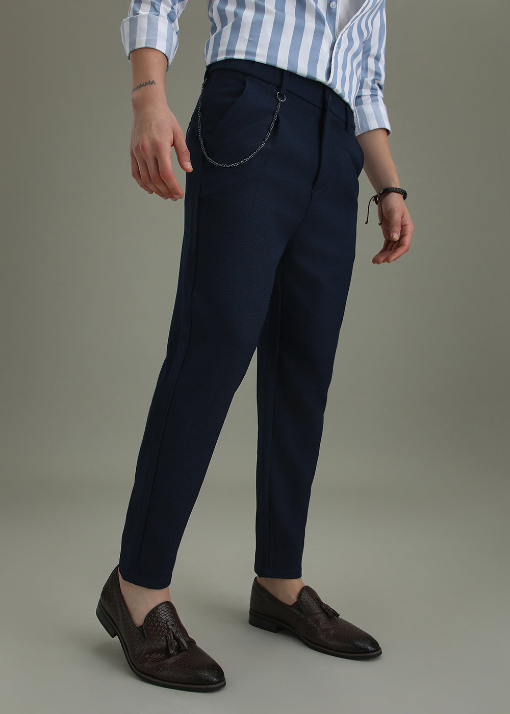 Dark Blue Textured Korean Pant