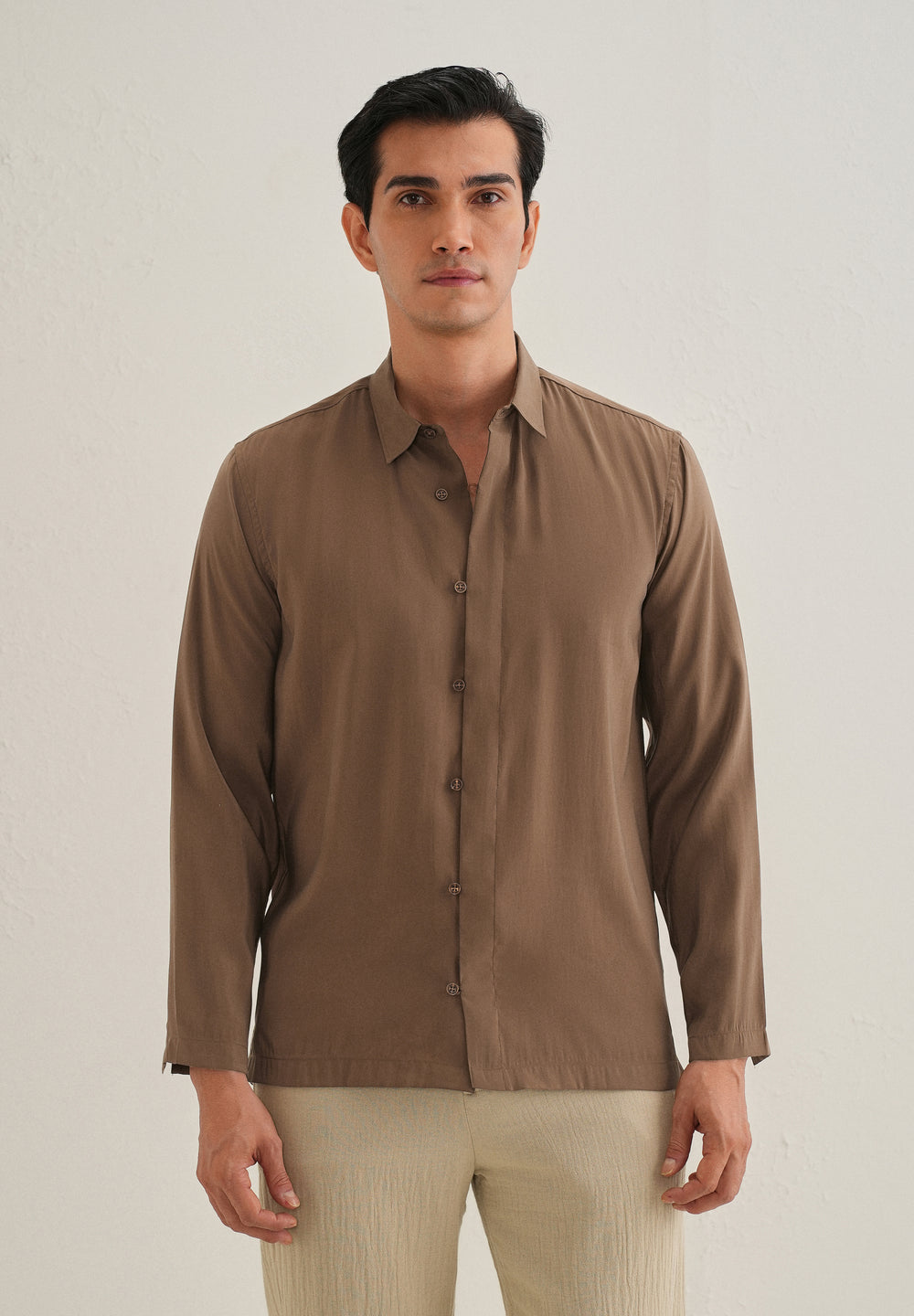 Dark Brown Loop Button-Down Plain Shirt