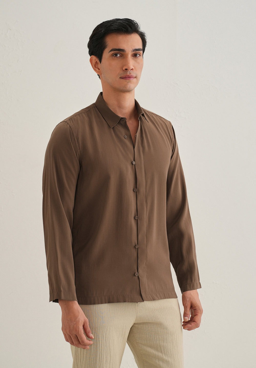 Dark Brown Loop Button-Down Plain Shirt