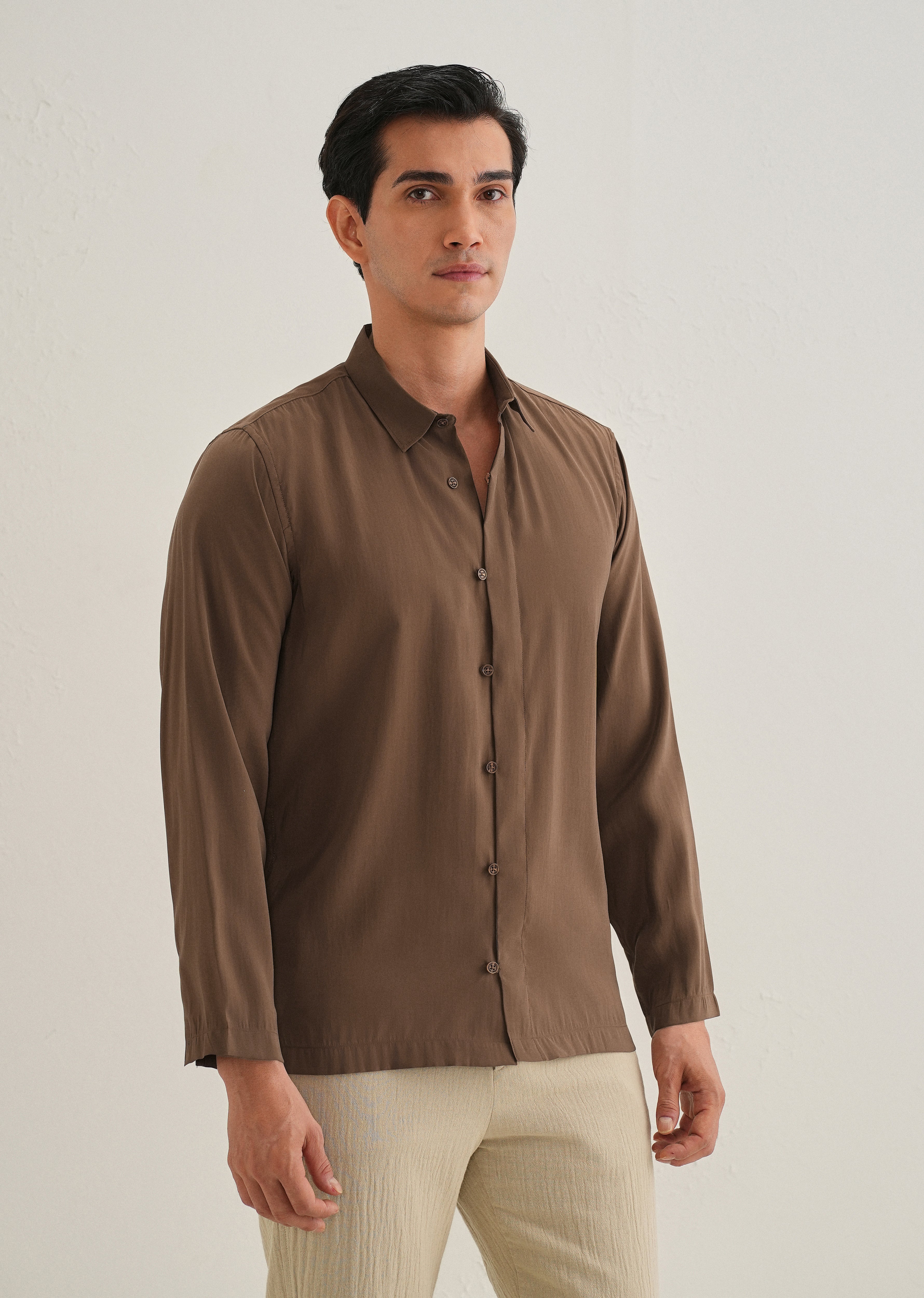 Dark Brown Loop Button-Down Plain Shirt