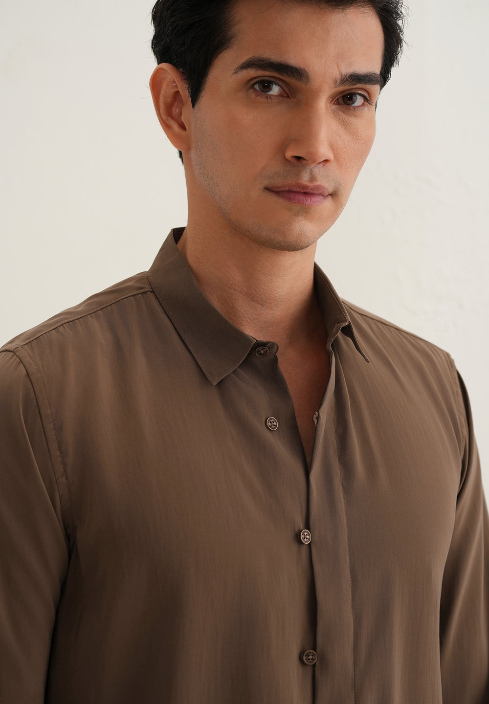 Dark Brown Loop Button-Down Plain Shirt