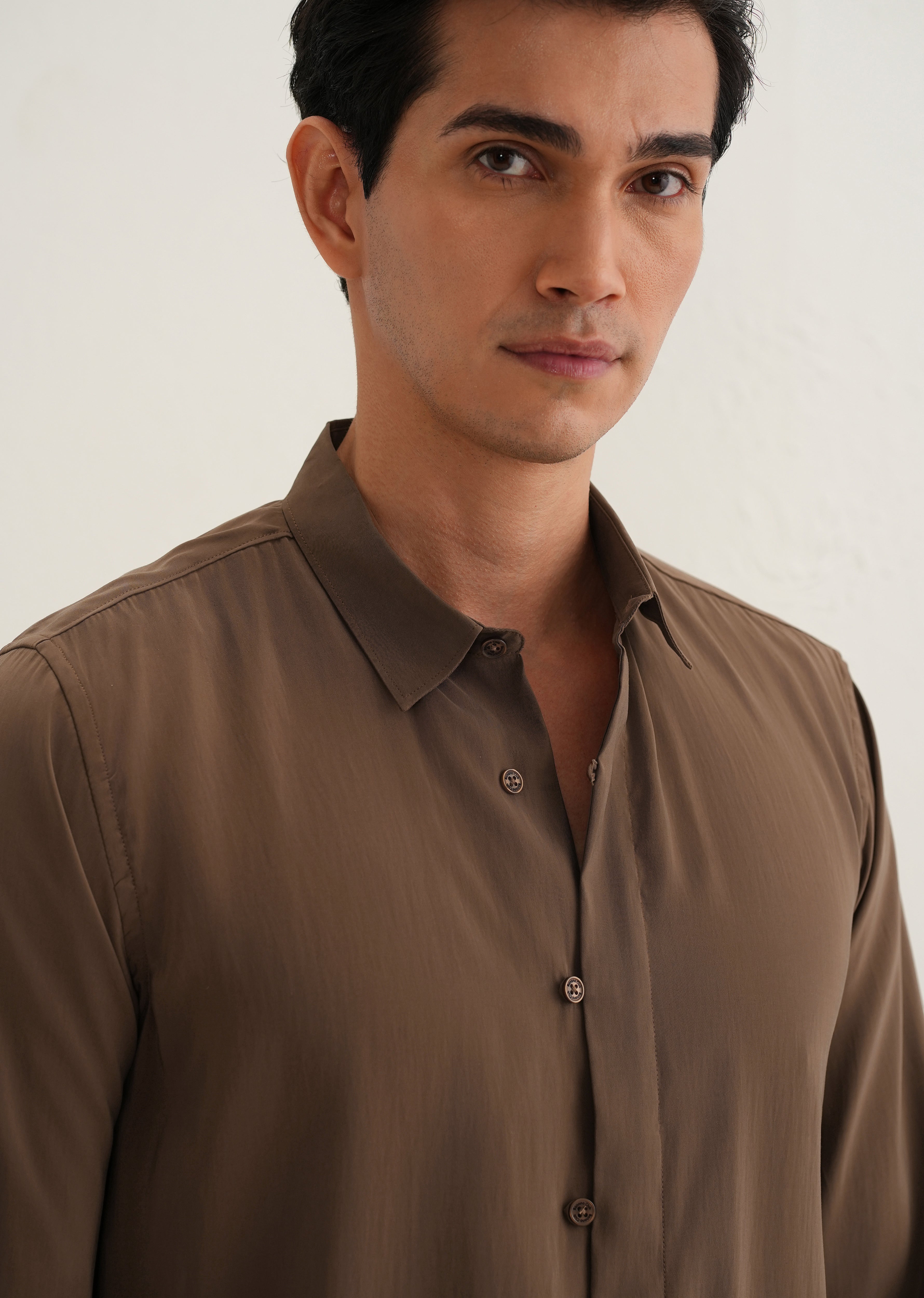 Dark Brown Loop Button-Down Plain Shirt