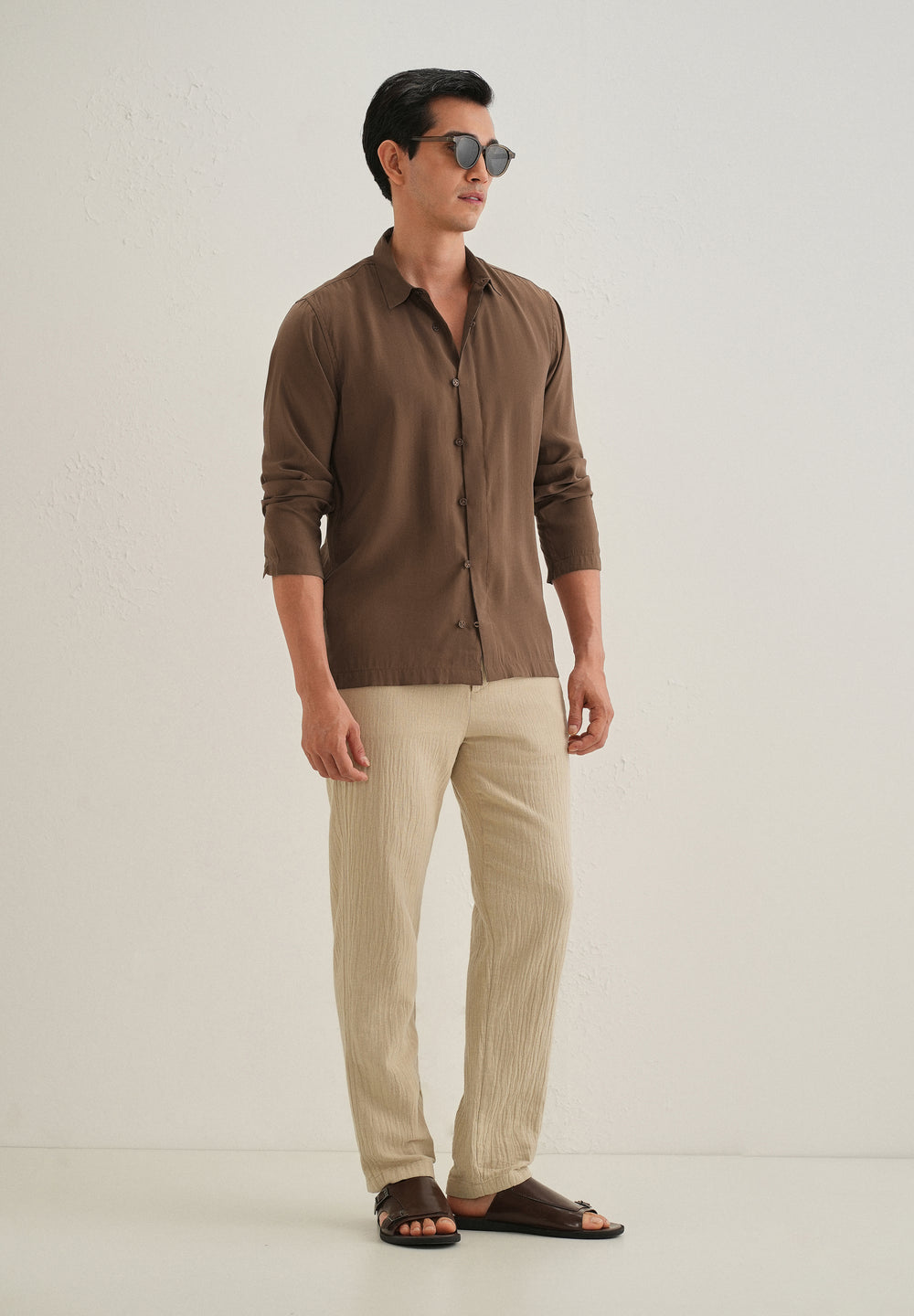 Dark Brown Loop Button-Down Plain Shirt