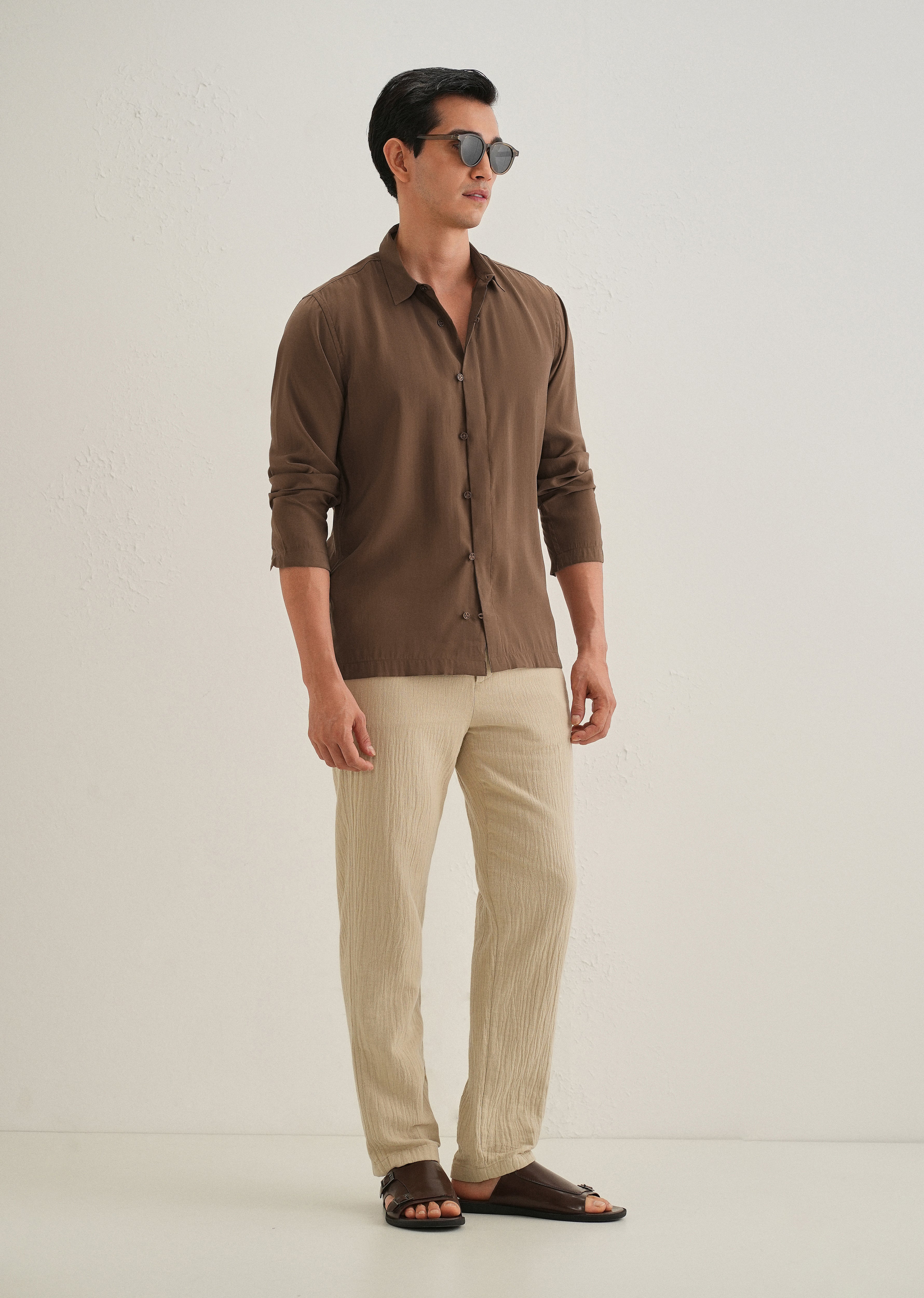 Dark Brown Loop Button-Down Plain Shirt