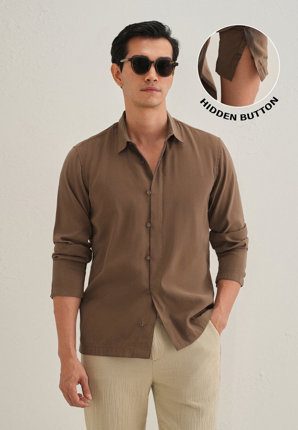 Dark Brown Loop Button-Down Plain Shirt