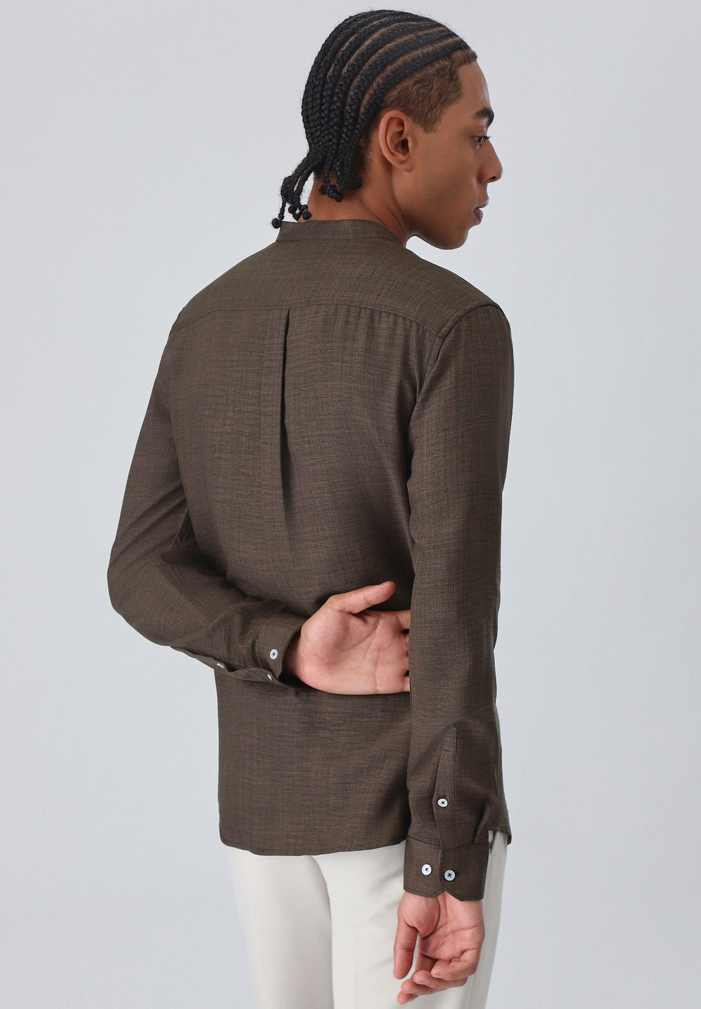 Dark Brown Plain Mandarin Collar Shirt