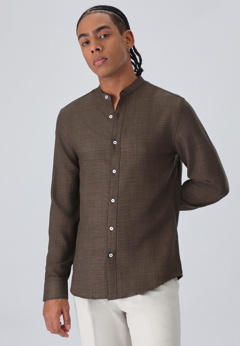 Dark Brown Plain Mandarin Collar Shirt