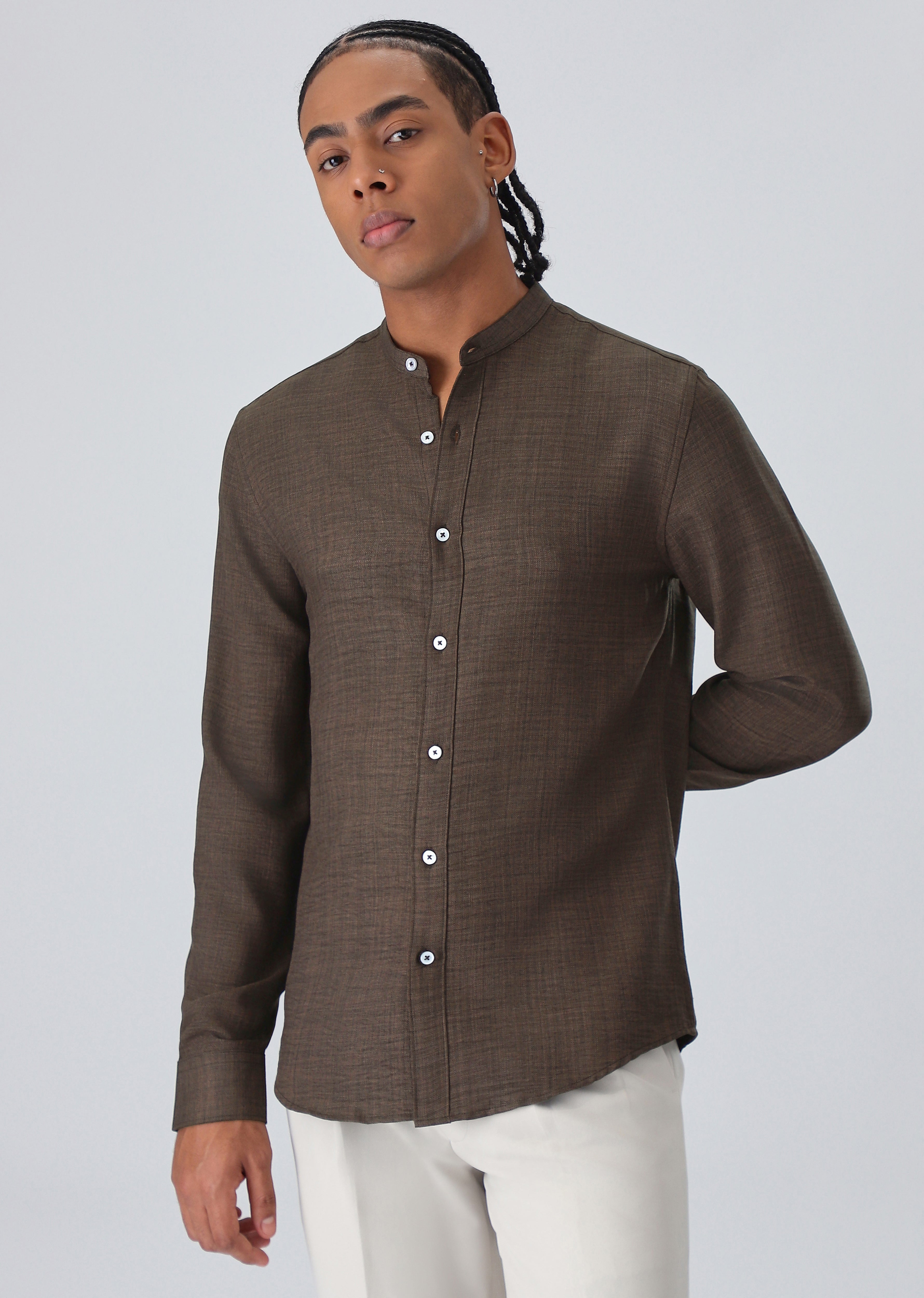 Dark Brown Plain Mandarin Collar Shirt