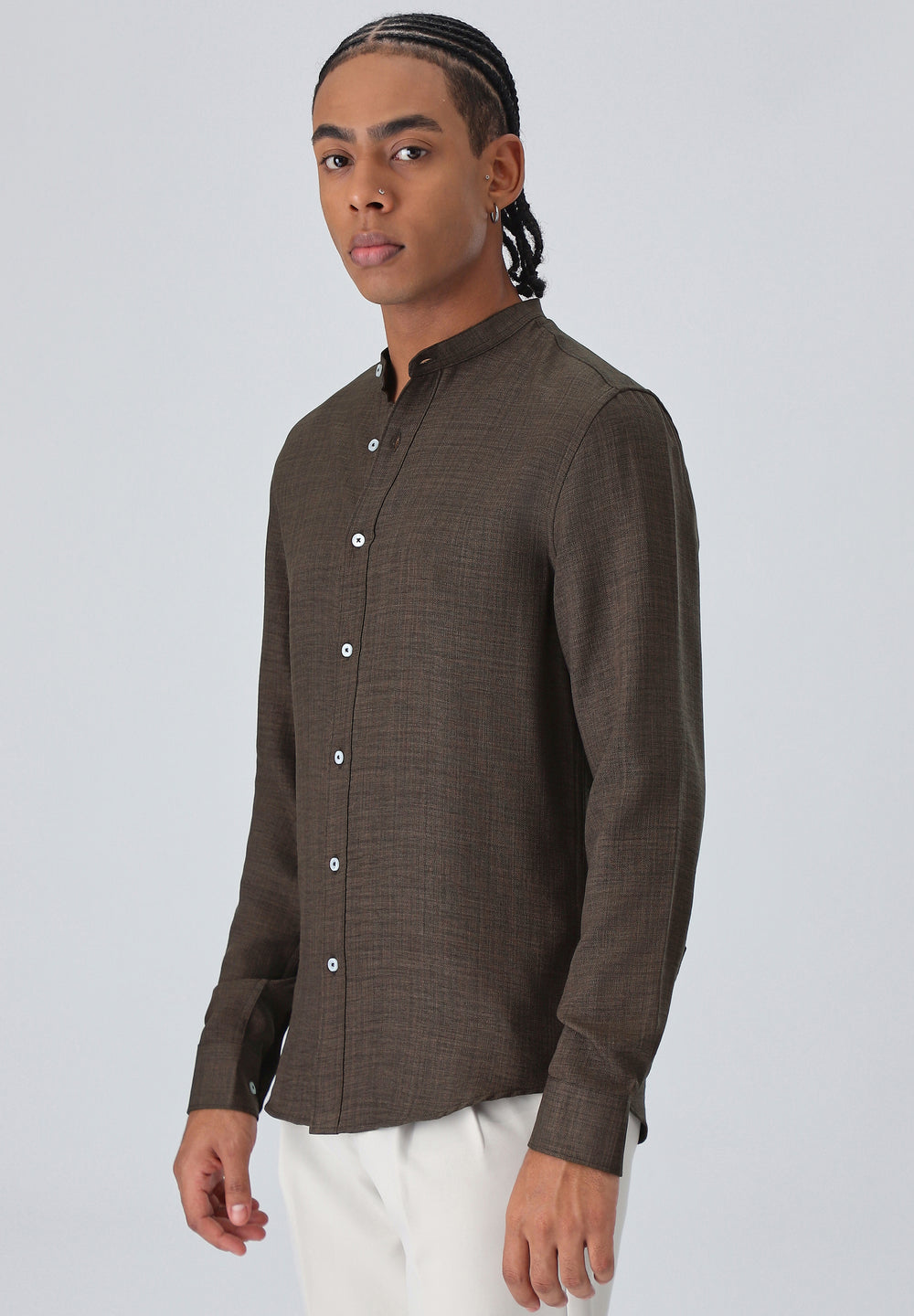 Dark Brown Plain Mandarin Collar Shirt