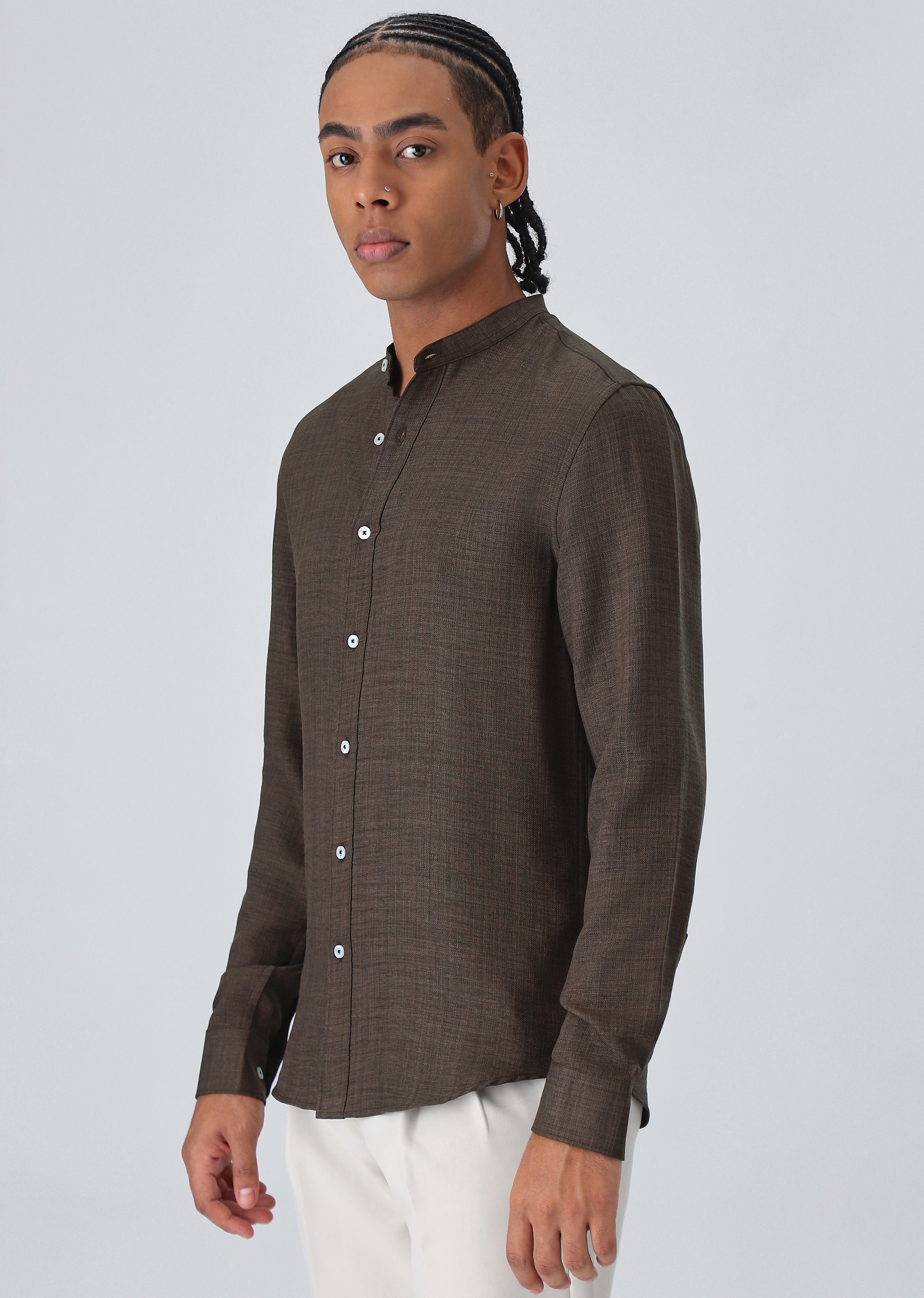 Dark Brown Plain Mandarin Collar Shirt