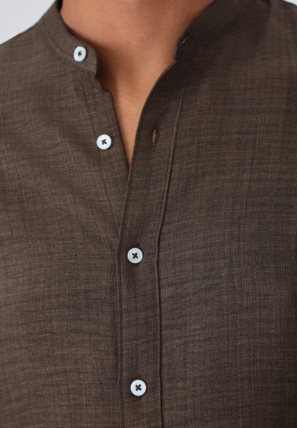 Dark Brown Plain Mandarin Collar Shirt