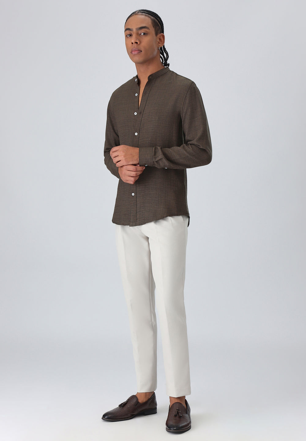 Dark Brown Plain Mandarin Collar Shirt