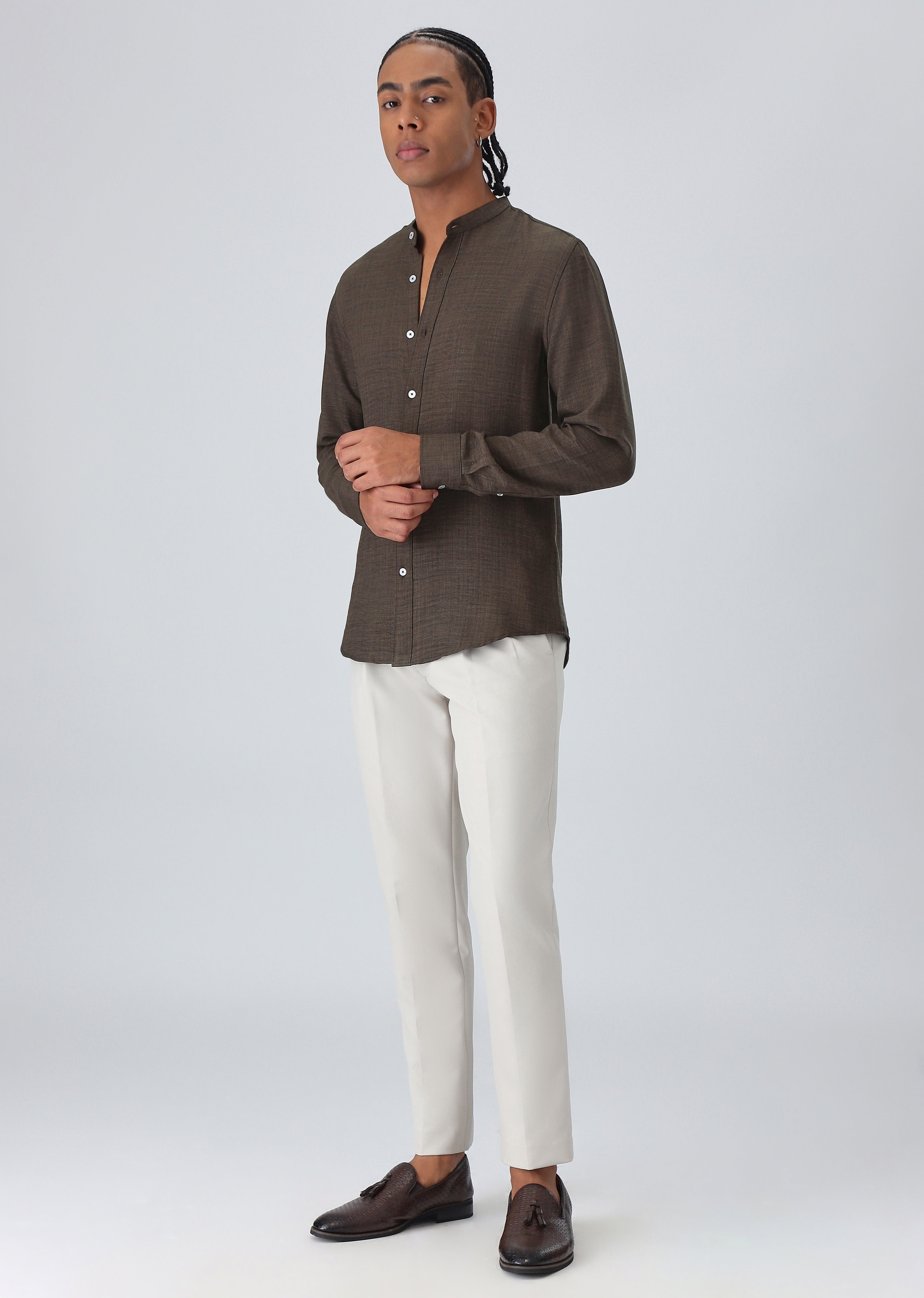 Dark Brown Plain Mandarin Collar Shirt