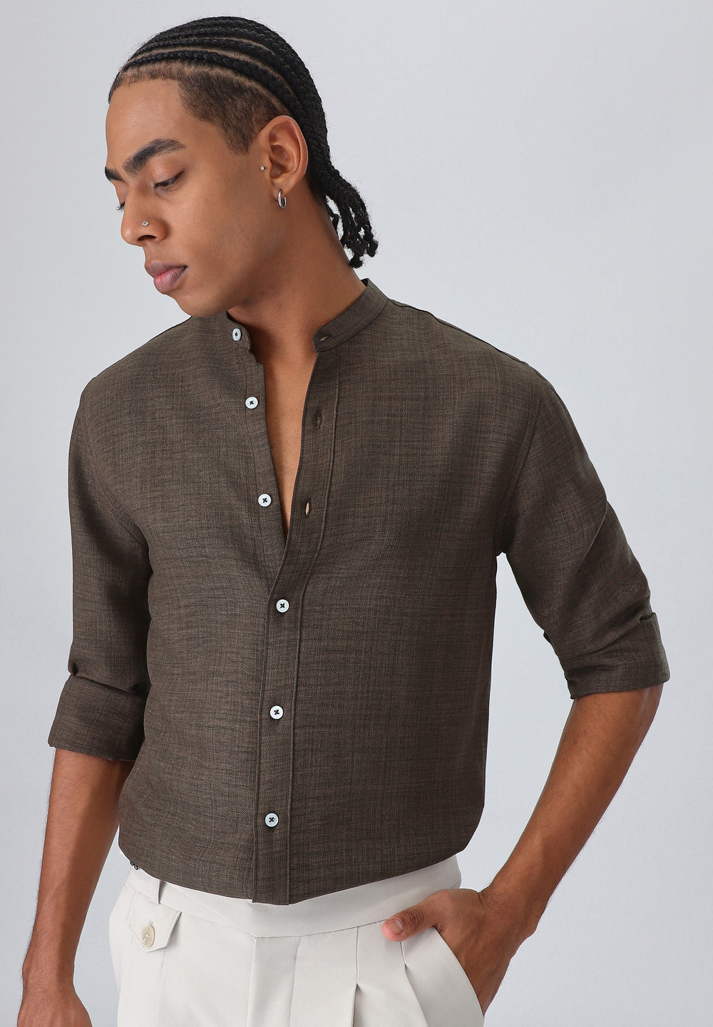 Dark Brown Plain Mandarin Collar Shirt