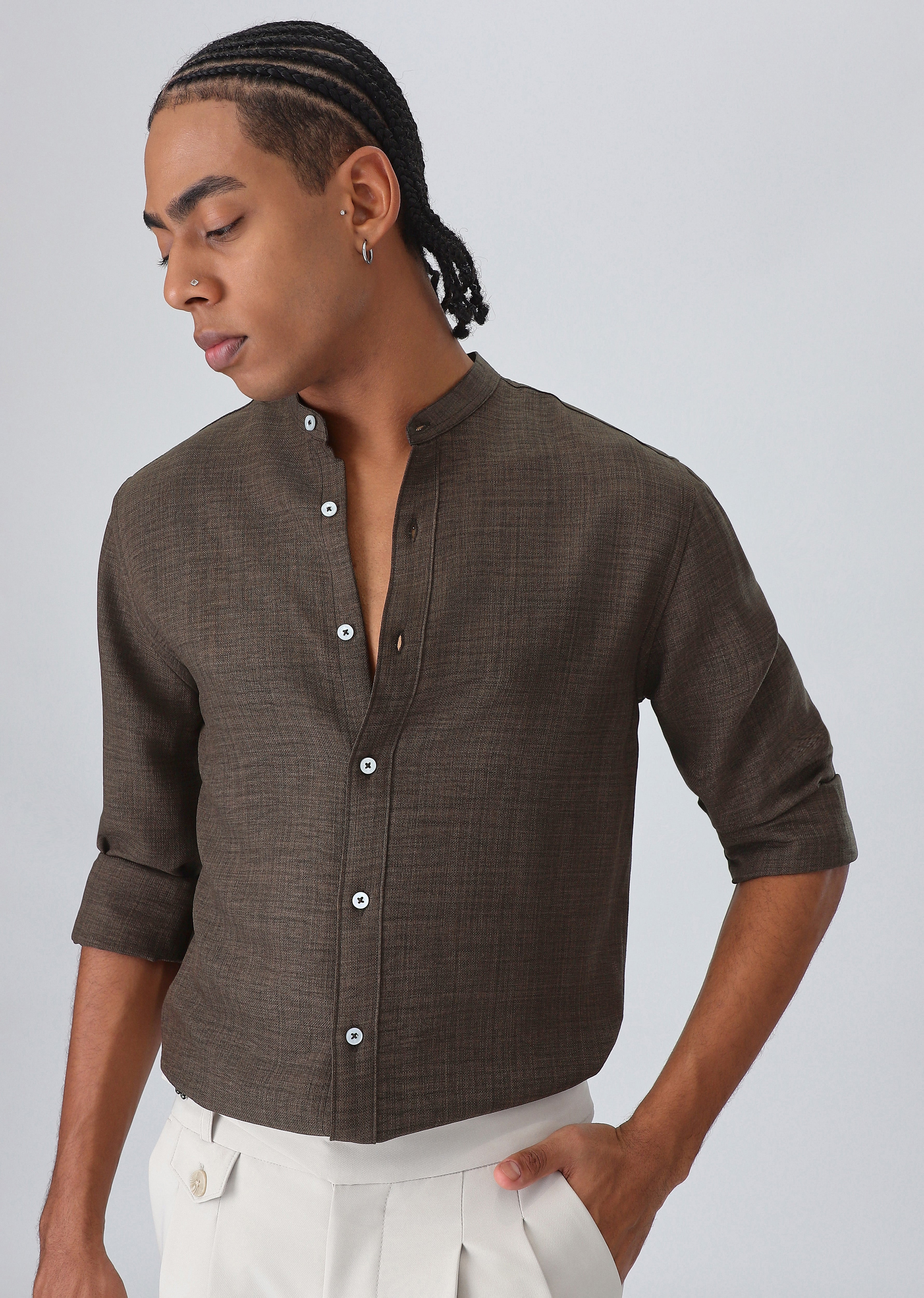 Dark Brown Plain Mandarin Collar Shirt