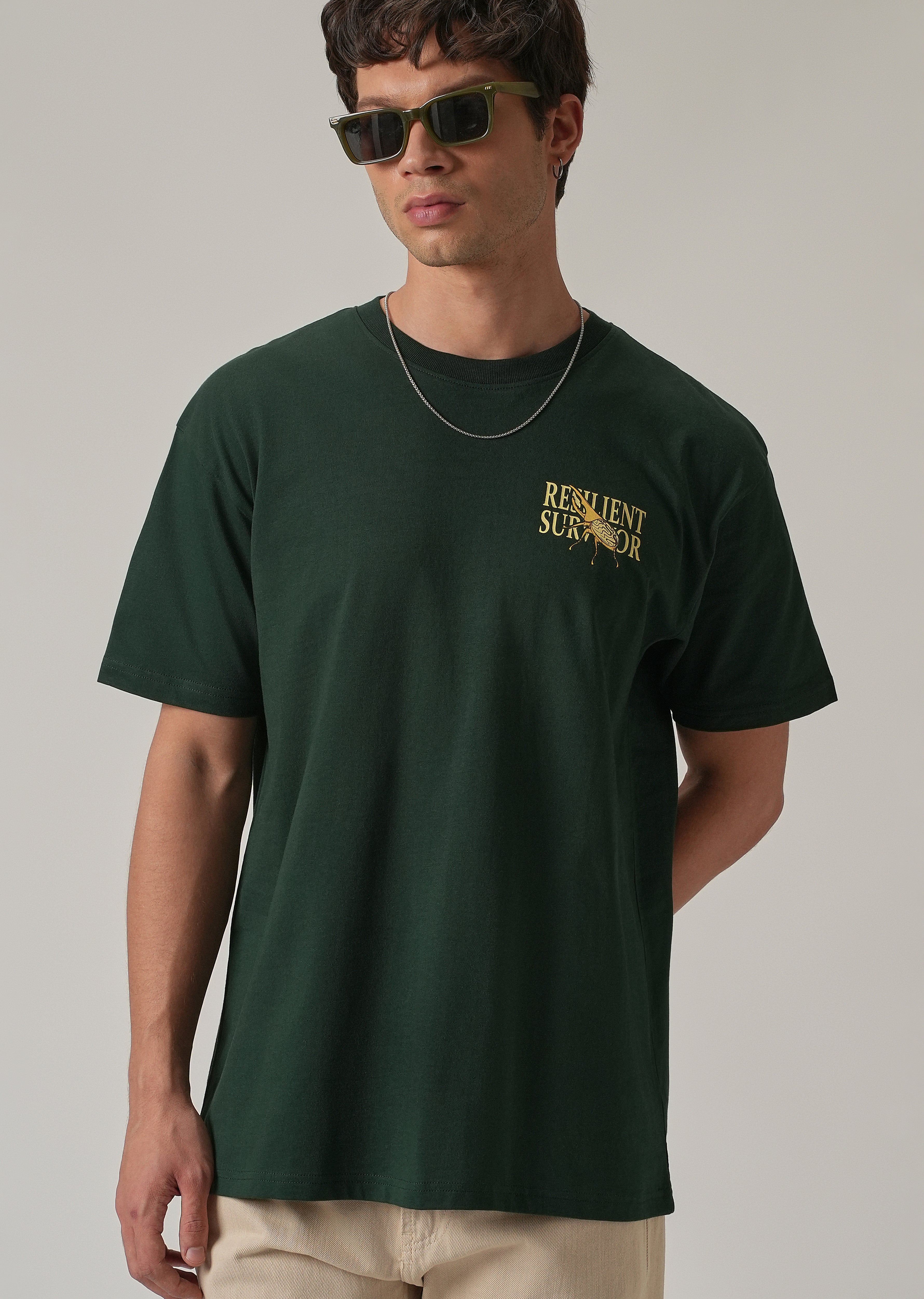 Dark Green Back Printed Oversized T-Shirt