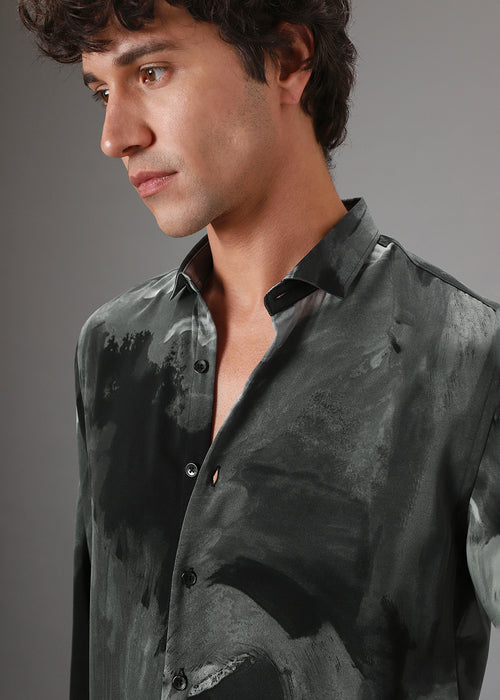 Dark Green Black Abstract Printed Shirt