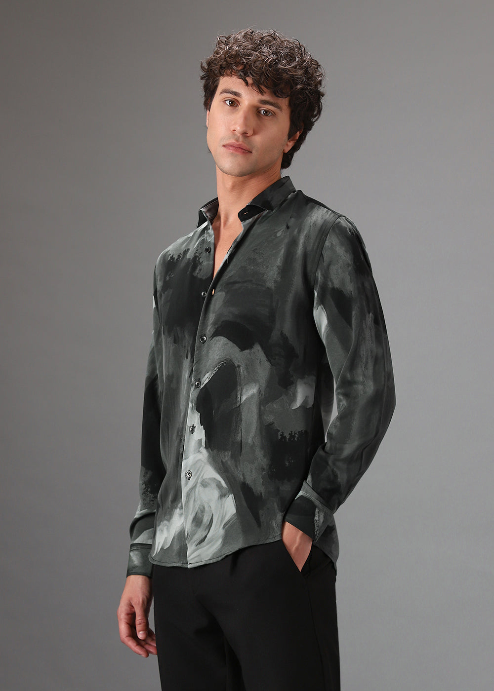 Dark Green Black Abstract Printed Shirt