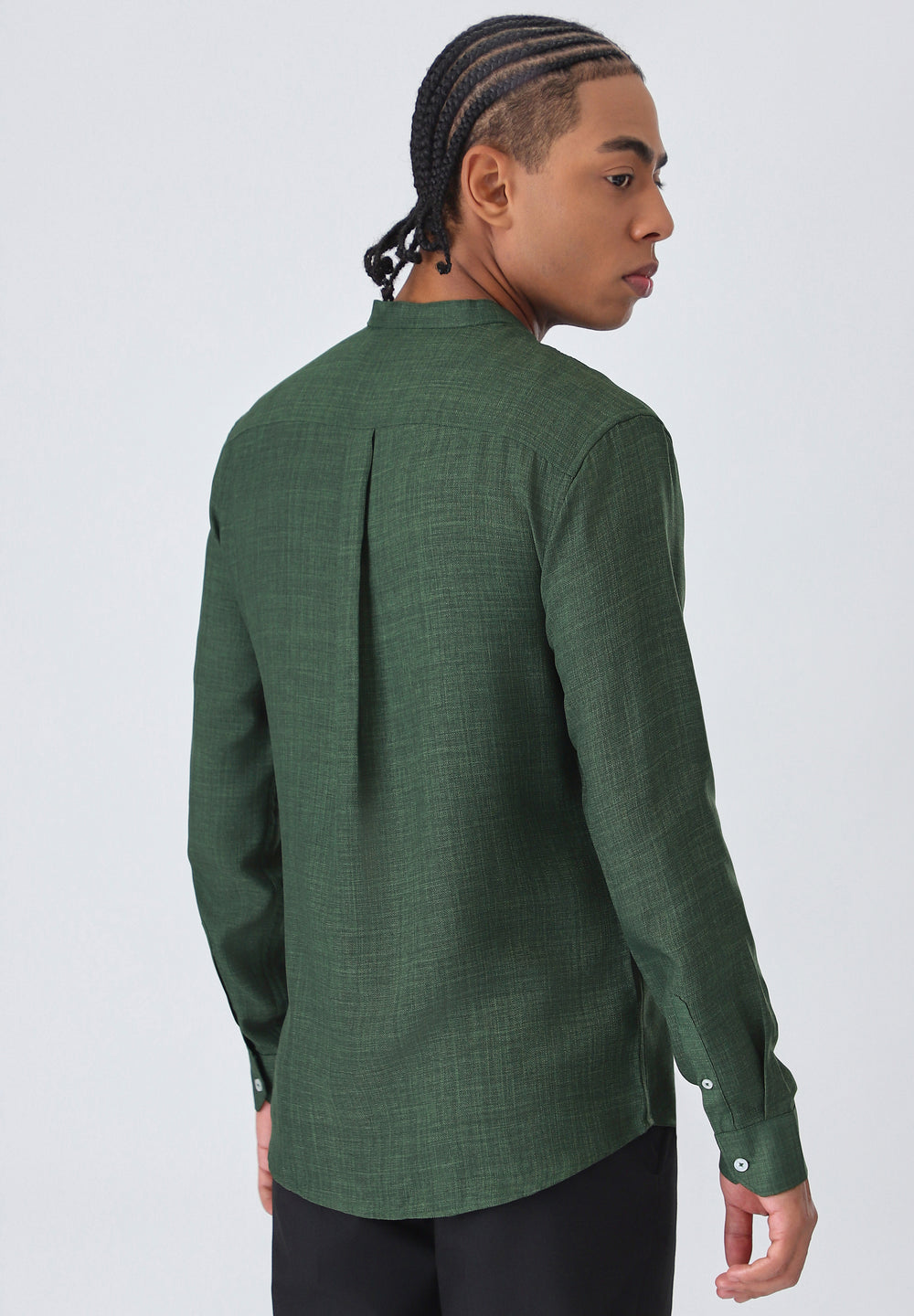 Dark Green Plain Mandarin Collar Shirt