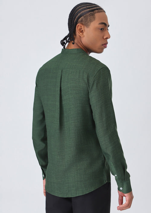 Dark Green Plain Mandarin Collar Shirt