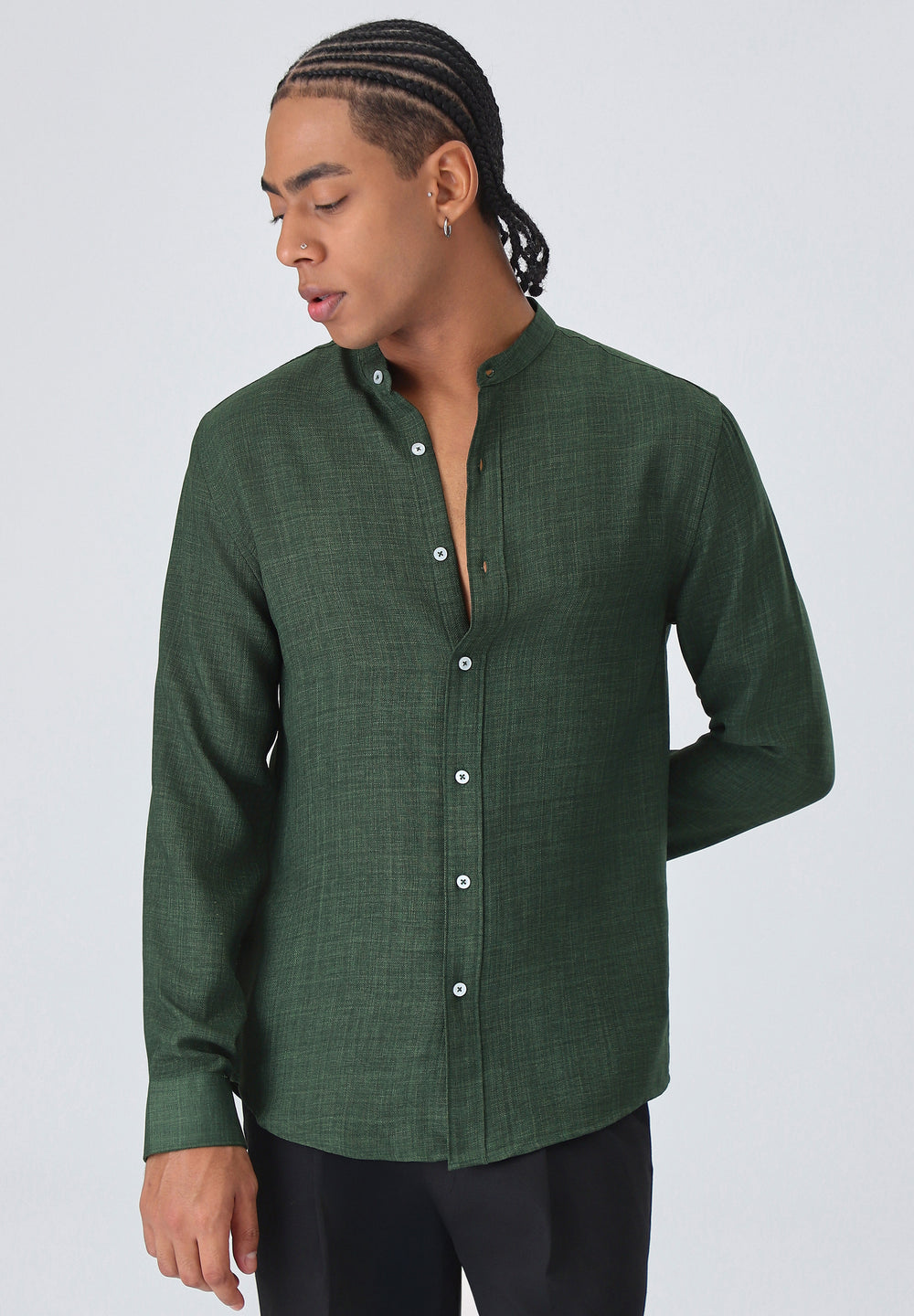 Dark Green Plain Mandarin Collar Shirt