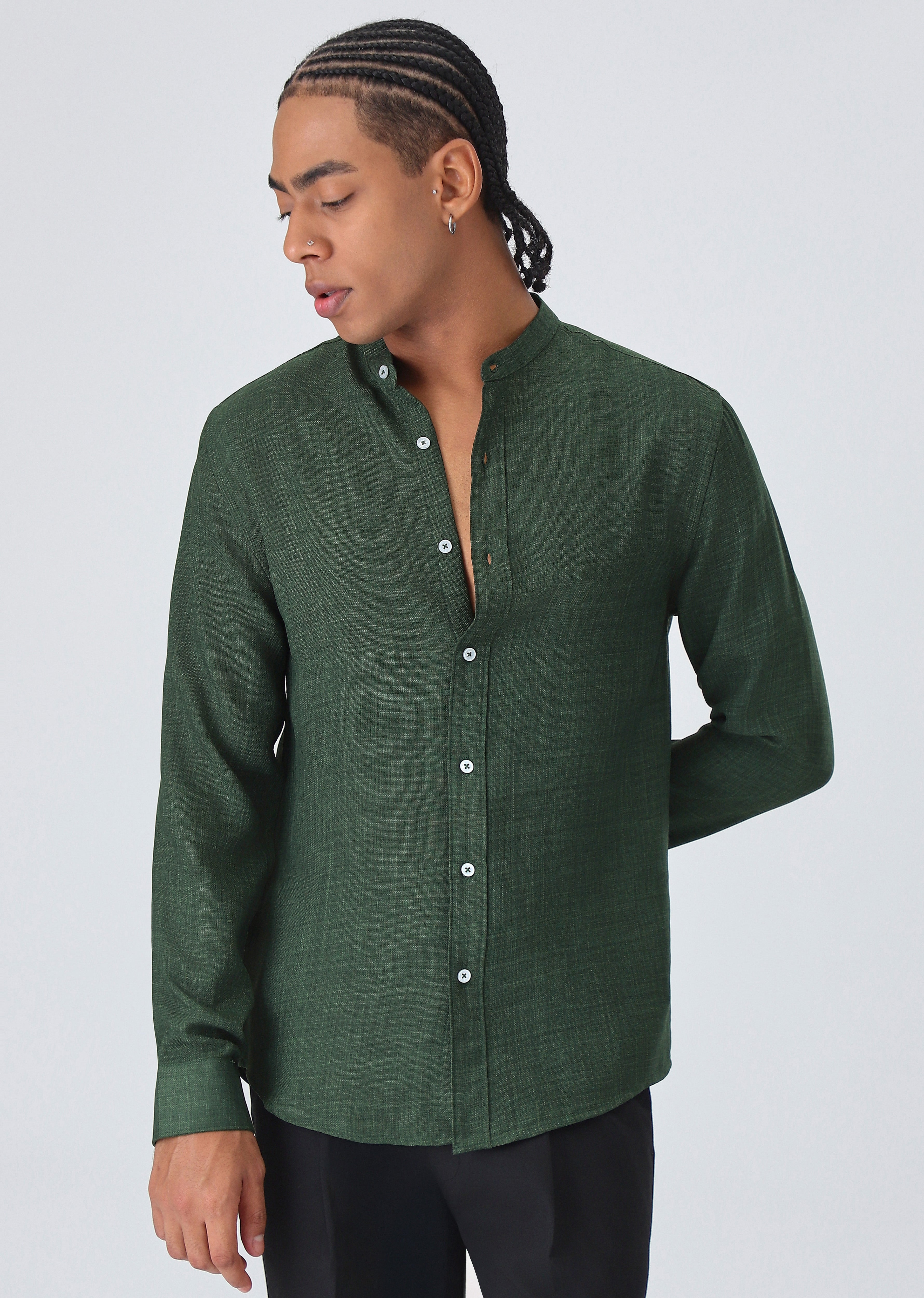 Dark Green Plain Mandarin Collar Shirt