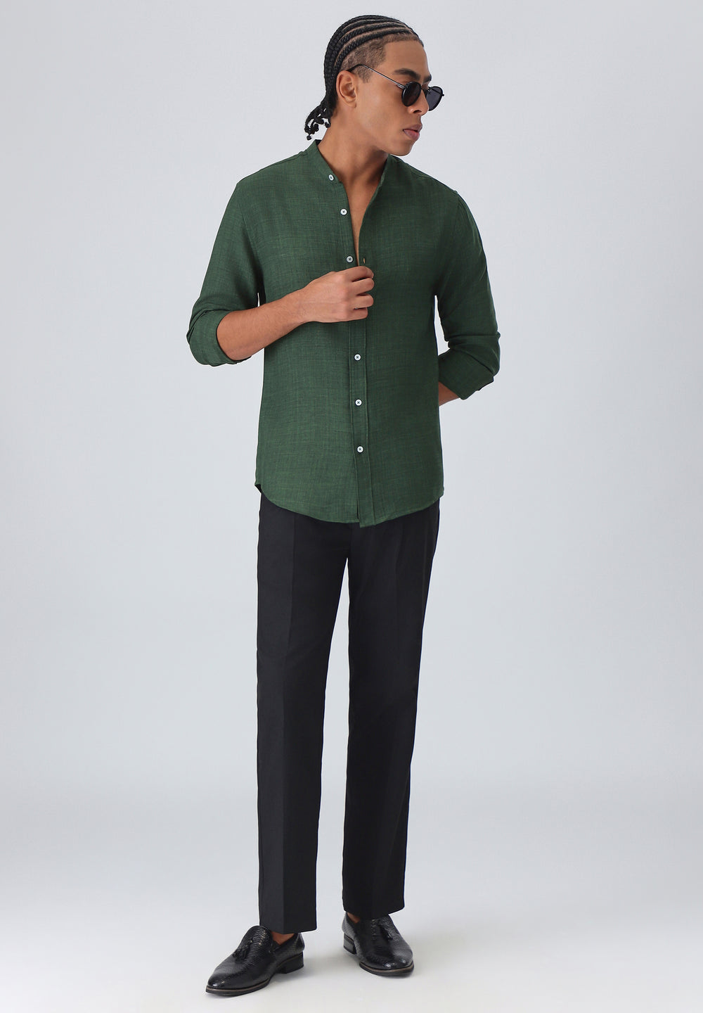 Dark Green Plain Mandarin Collar Shirt