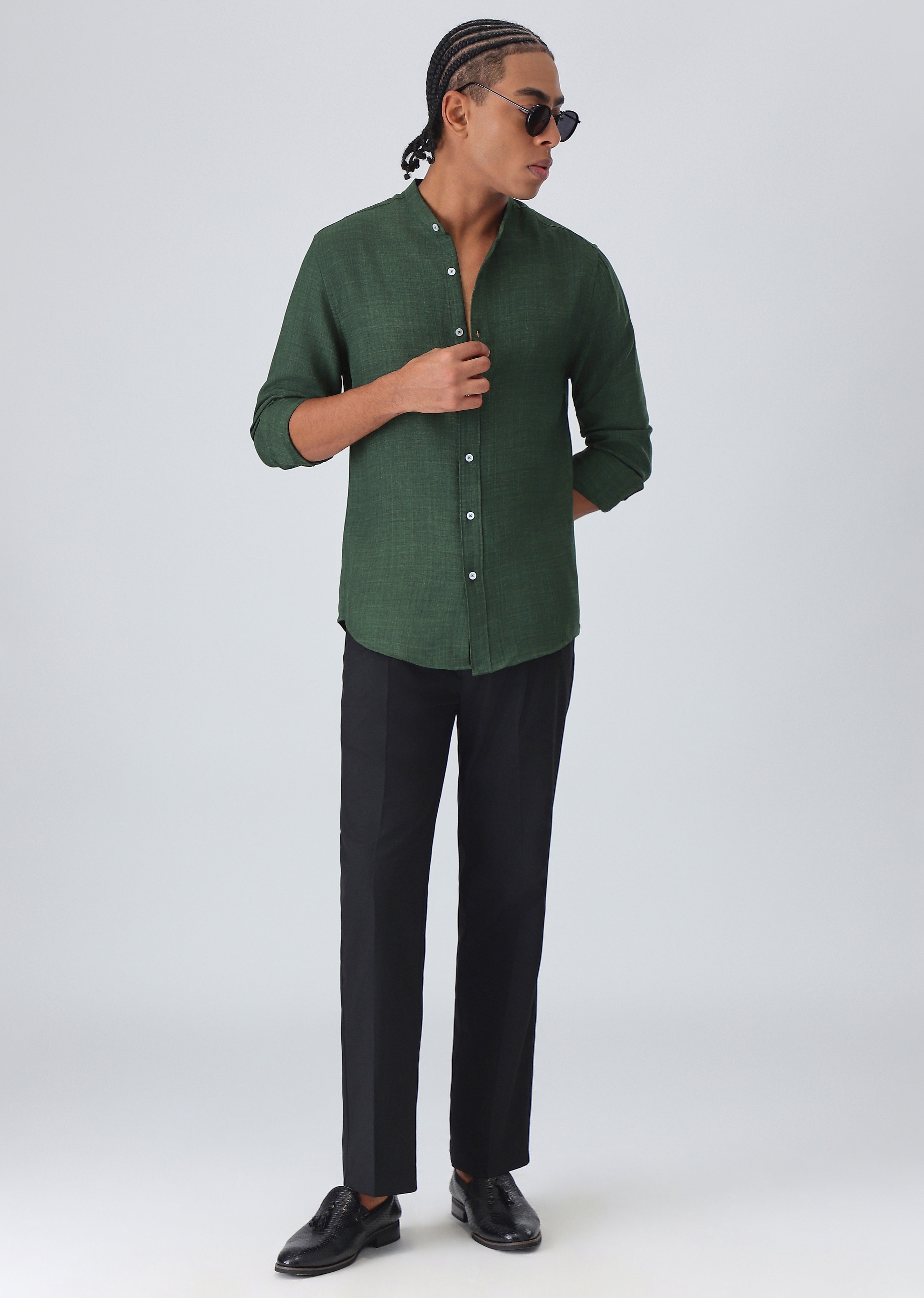 Dark Green Plain Mandarin Collar Shirt