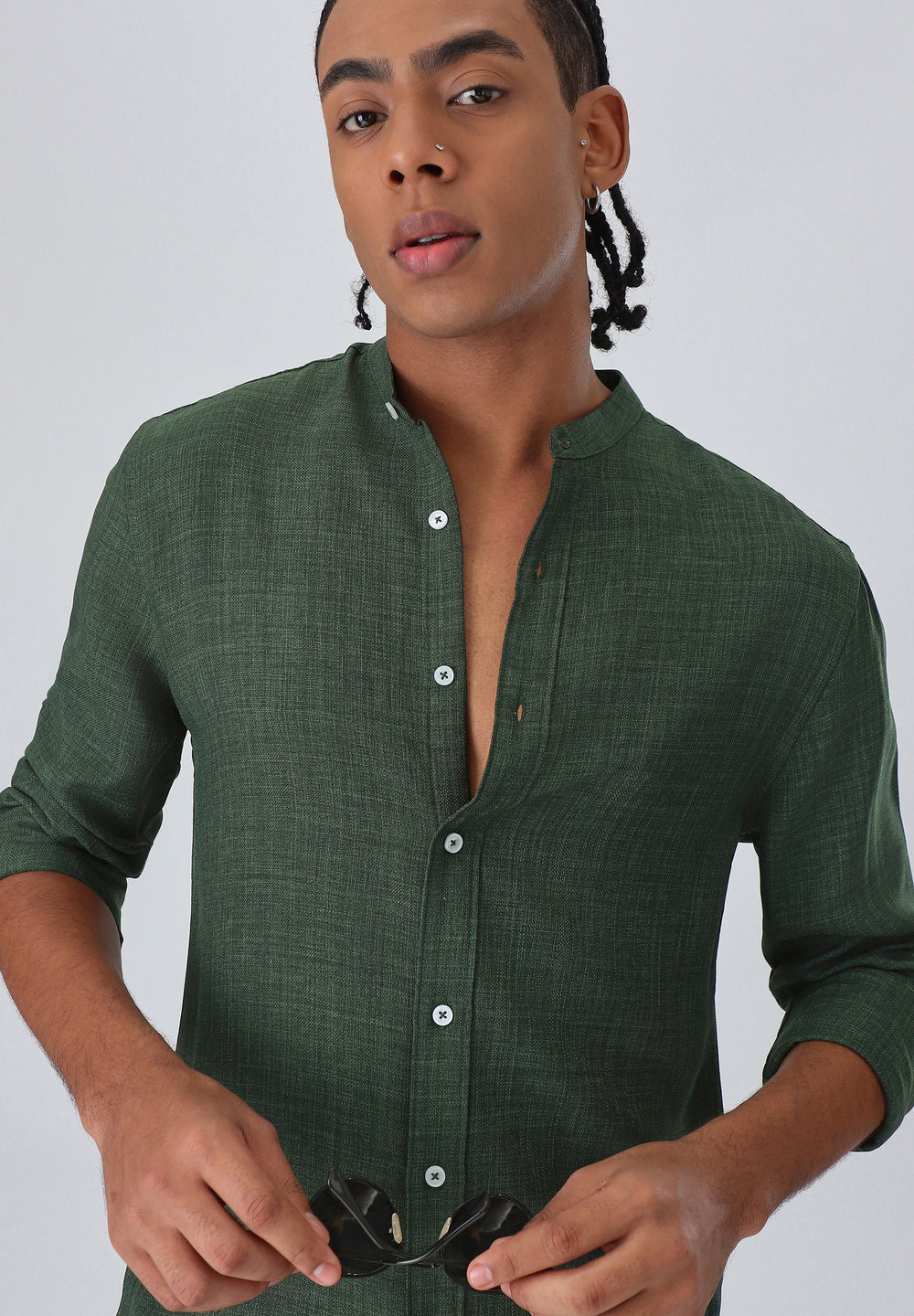Dark Green Plain Mandarin Collar Shirt