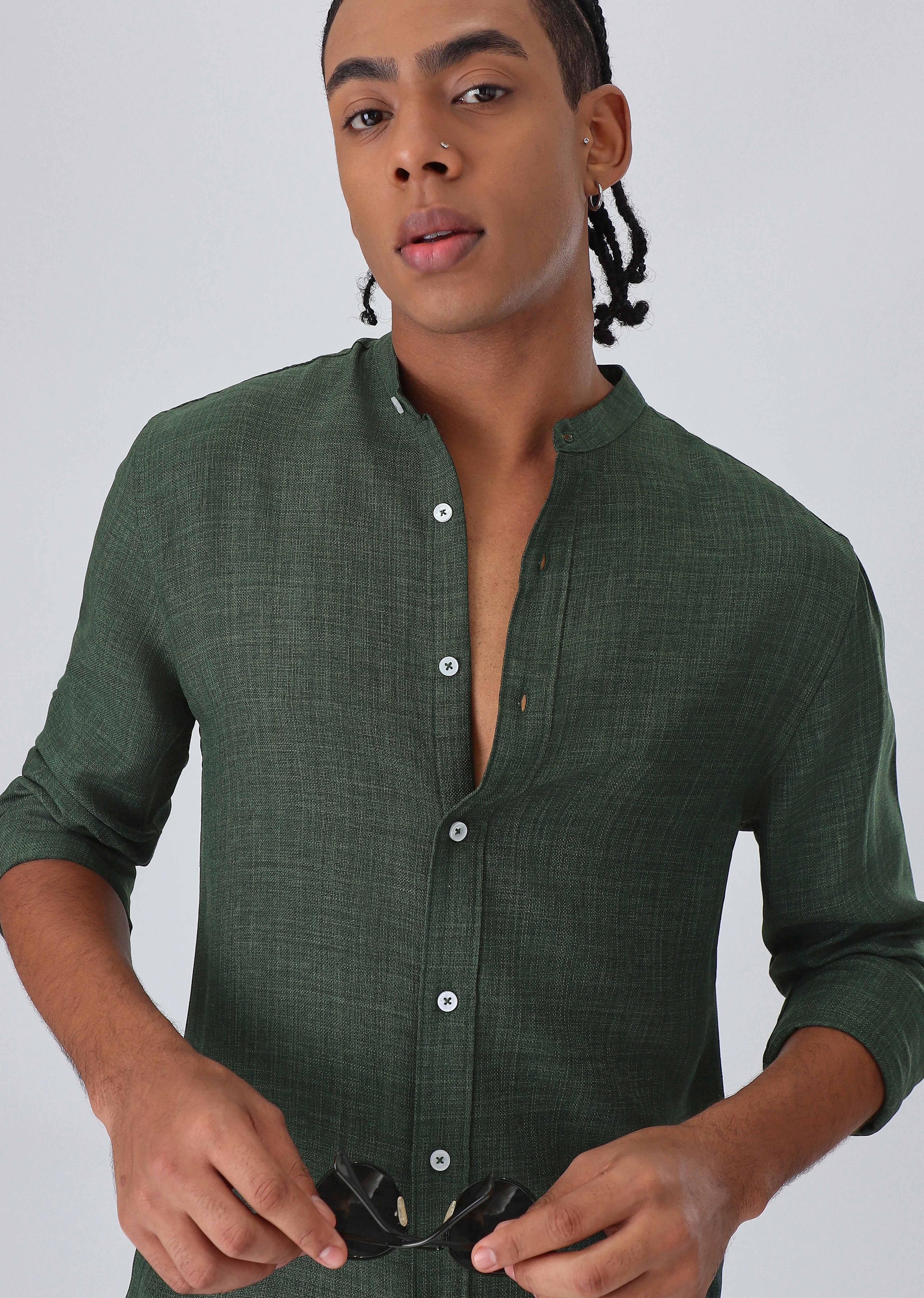 Dark Green Plain Mandarin Collar Shirt