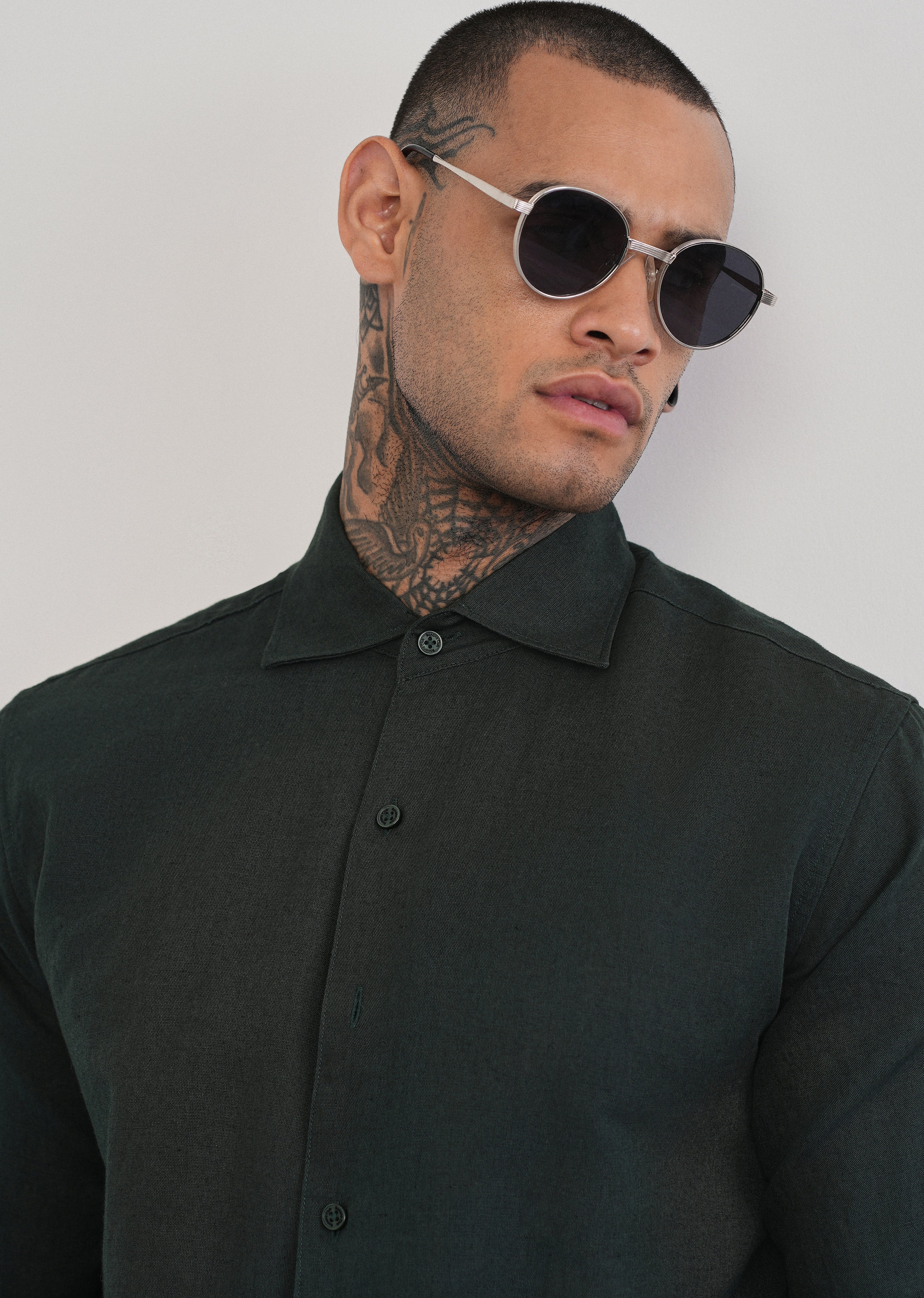 Dark Green Plain Cotton Linen Shirt