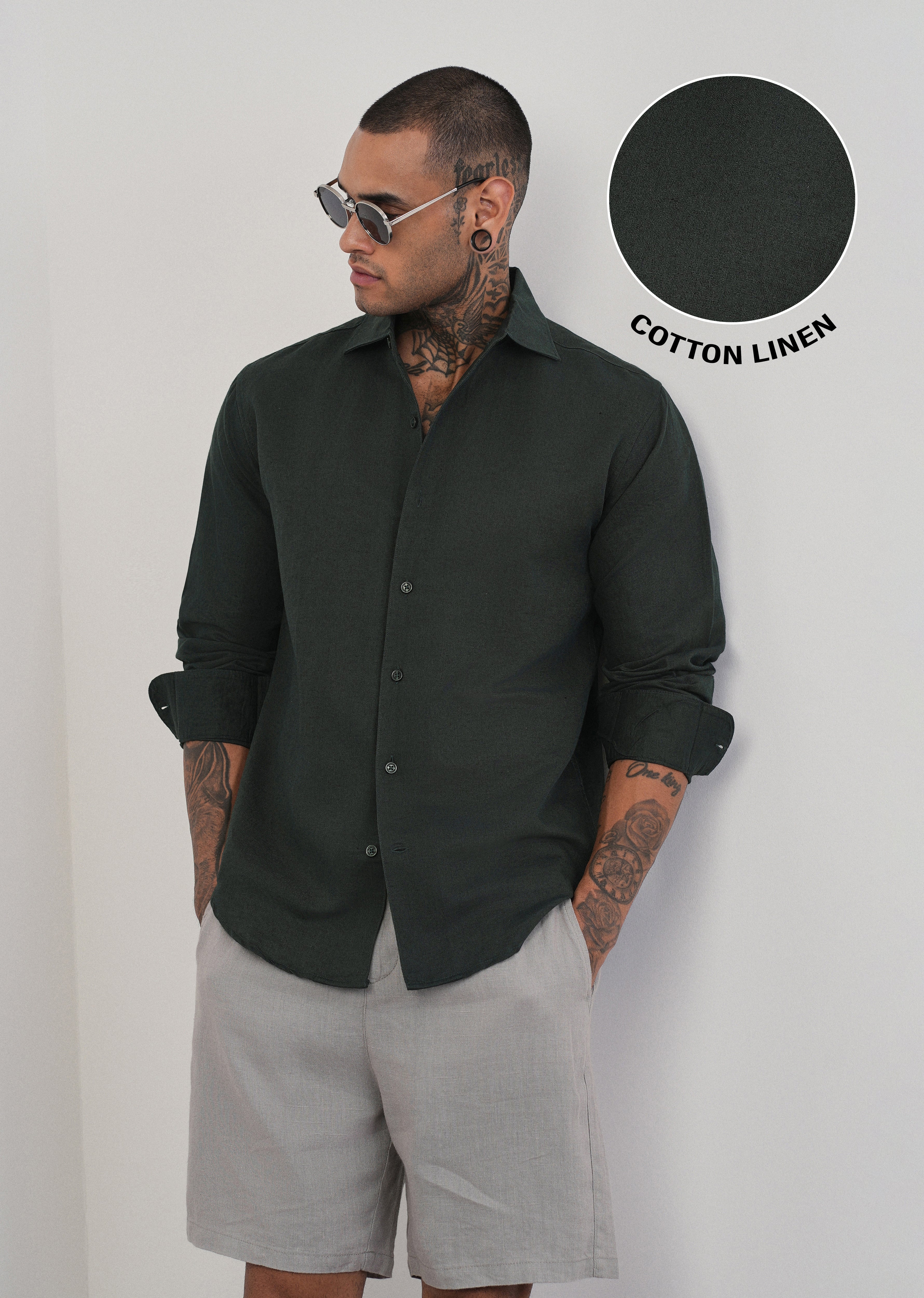 Dark Green Plain Cotton Linen Shirt