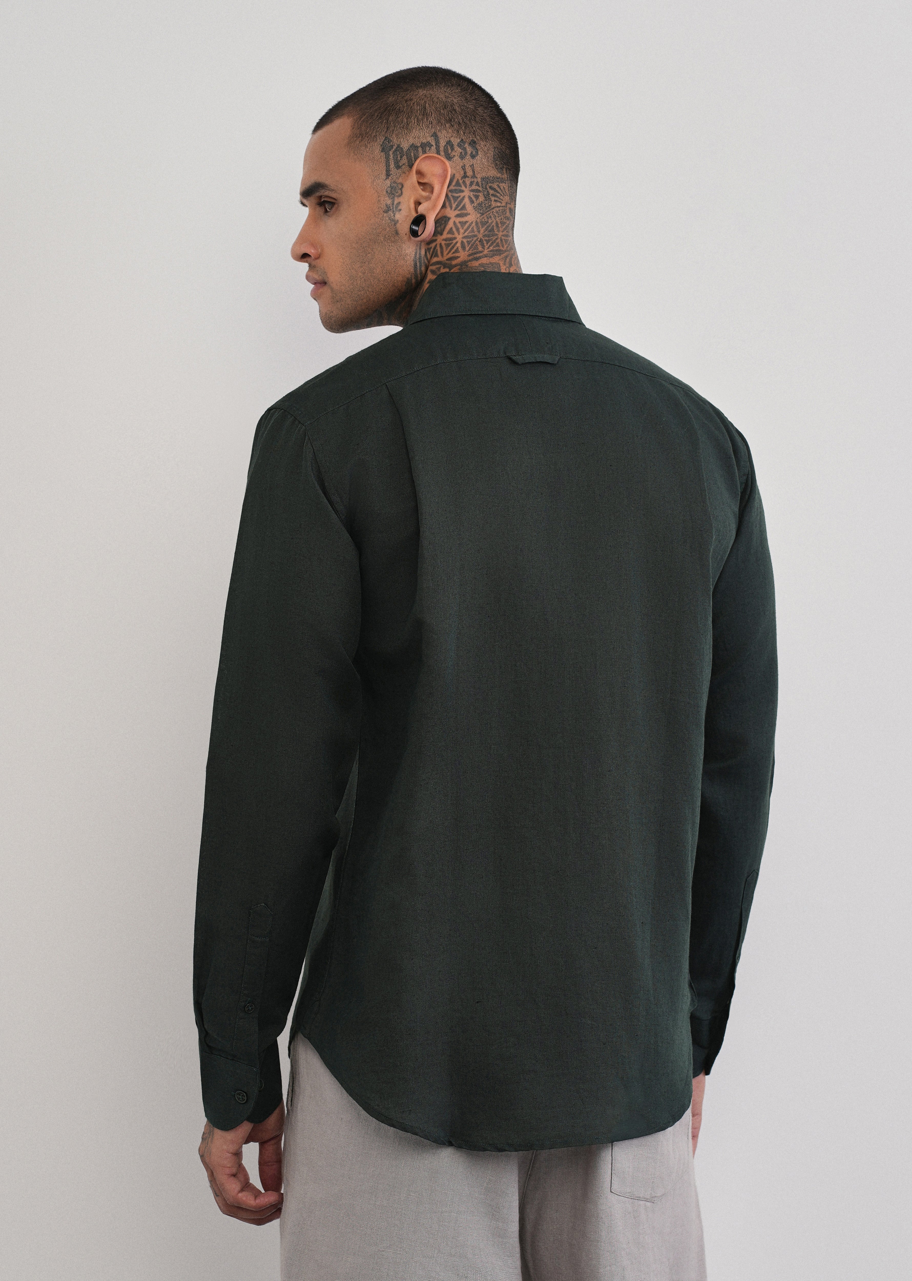 Dark Green Plain Cotton Linen Shirt