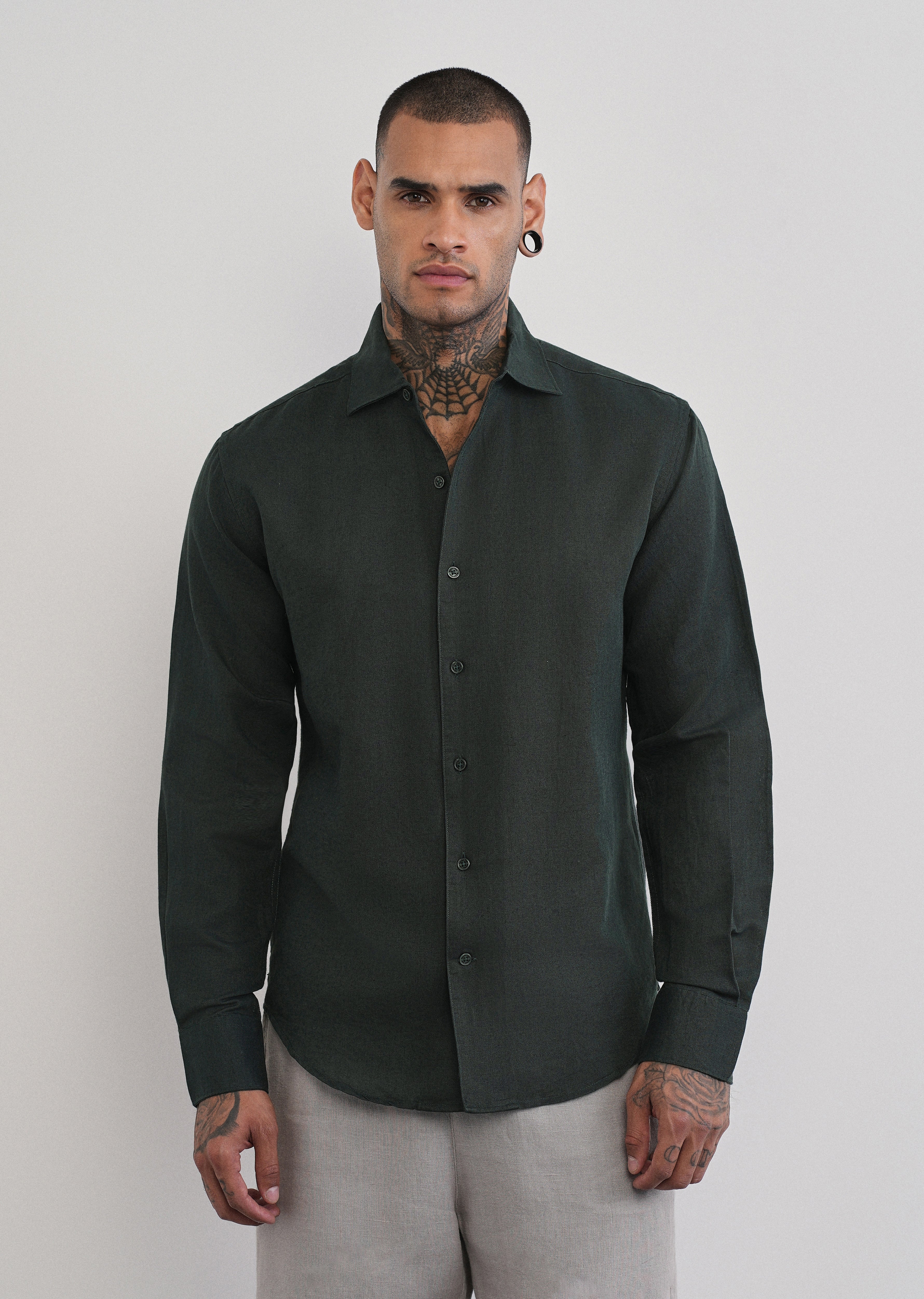 Dark Green Plain Cotton Linen Shirt
