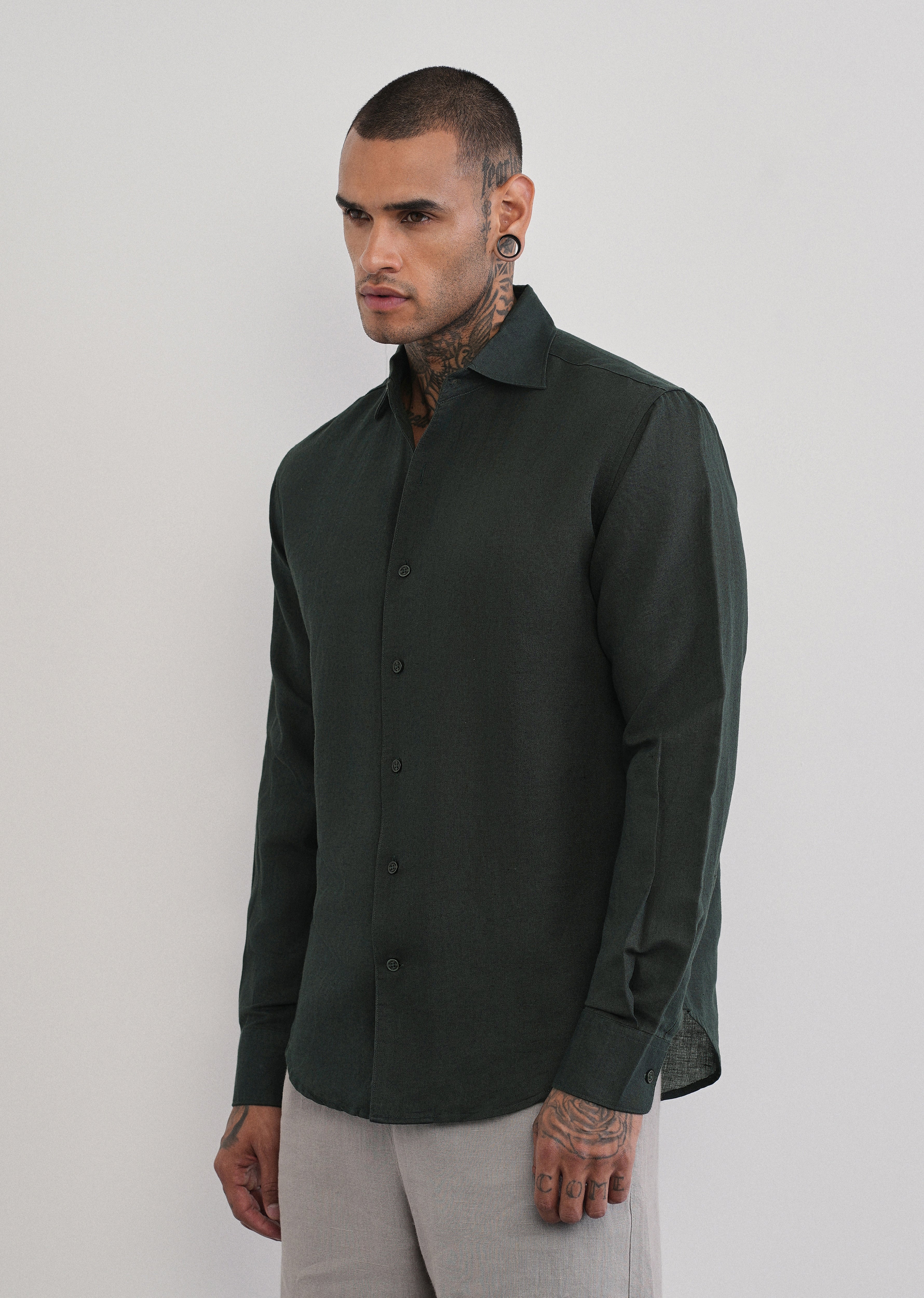 Dark Green Plain Cotton Linen Shirt