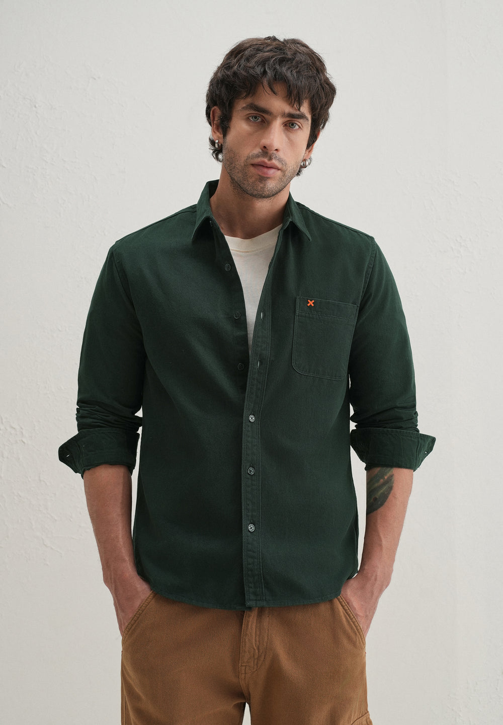 Dark Green Plain Cotton Single Pocket Shirt