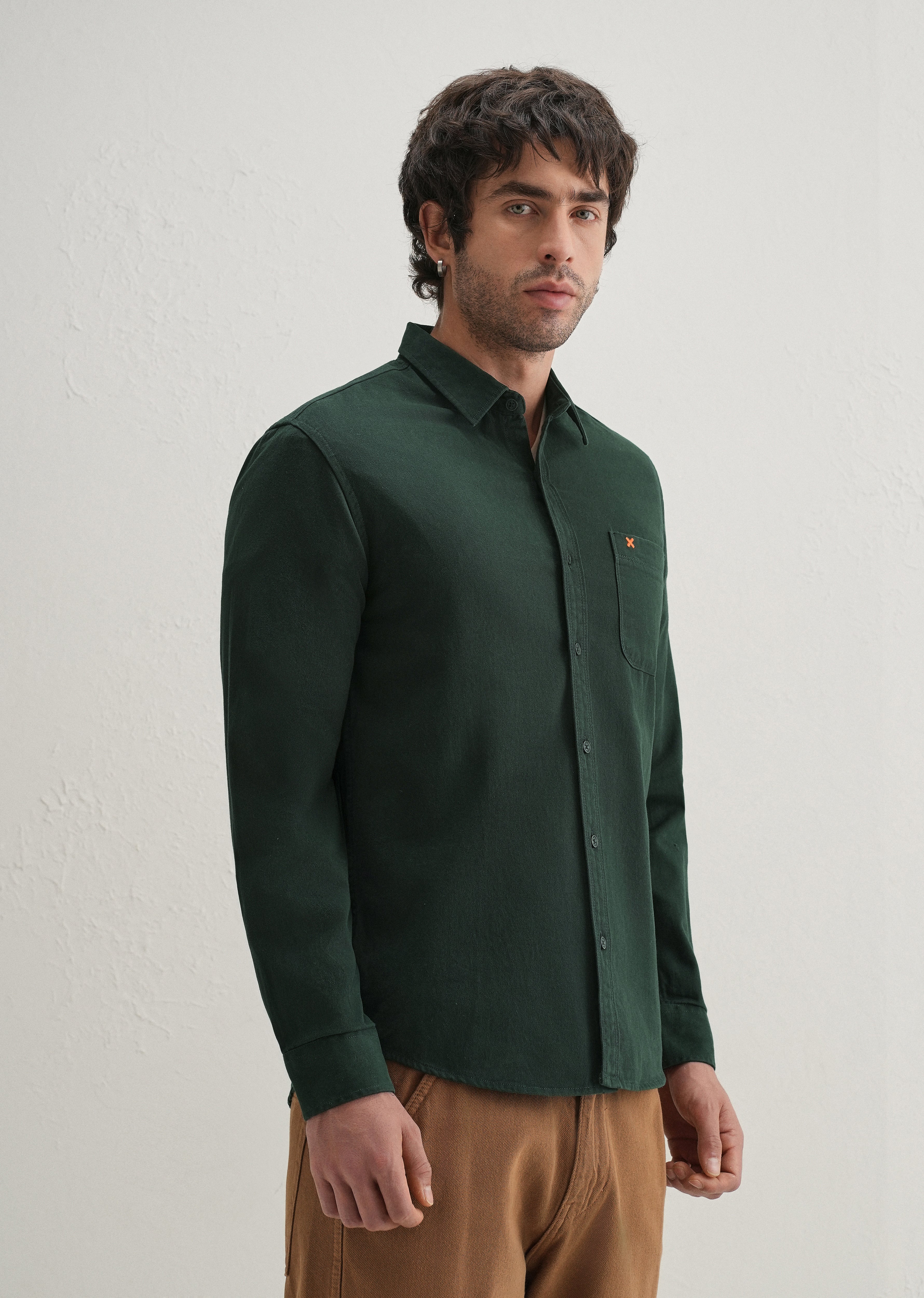 Dark Green Plain Cotton Single Pocket Shirt