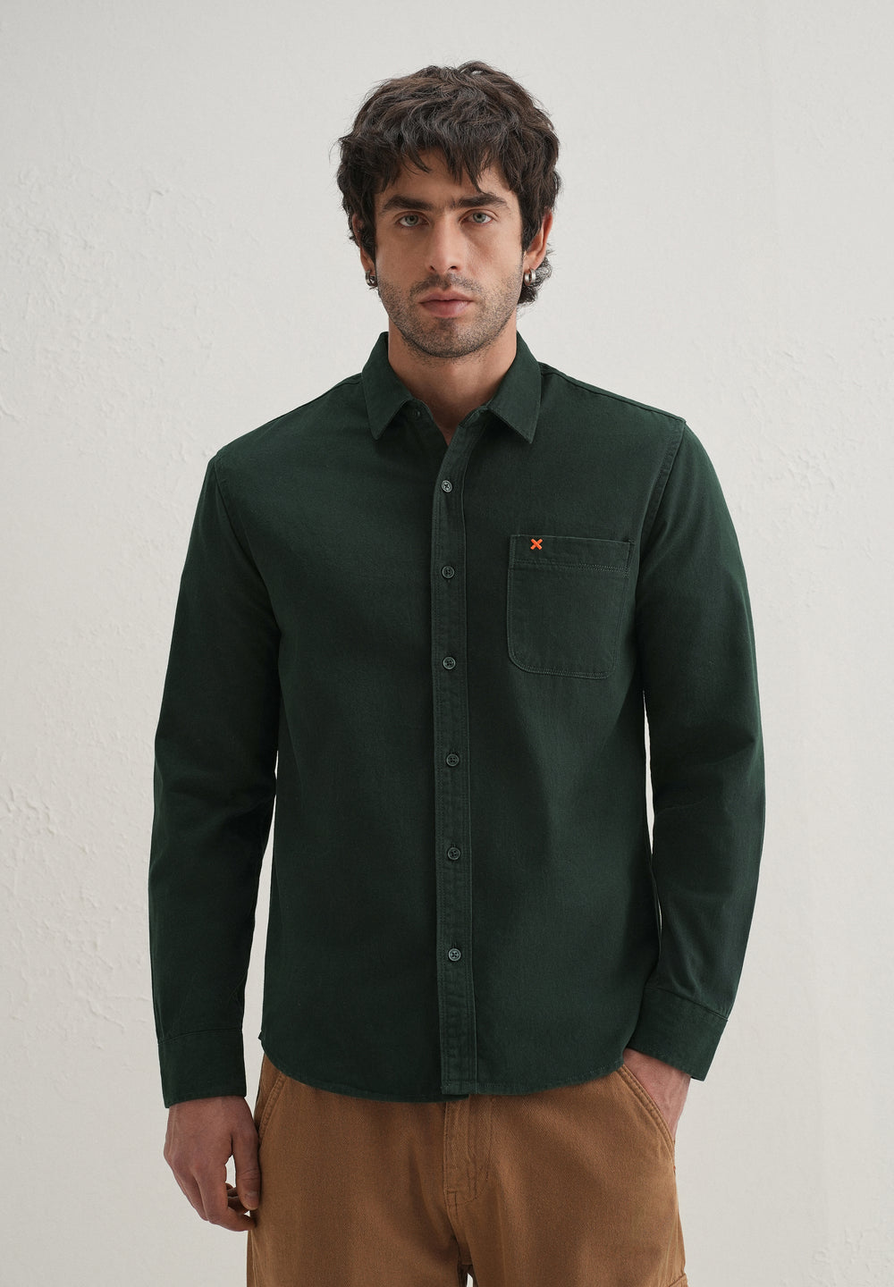 Dark Green Plain Cotton Single Pocket Shirt