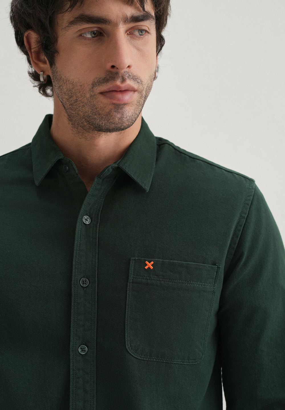 Dark Green Plain Cotton Single Pocket Shirt