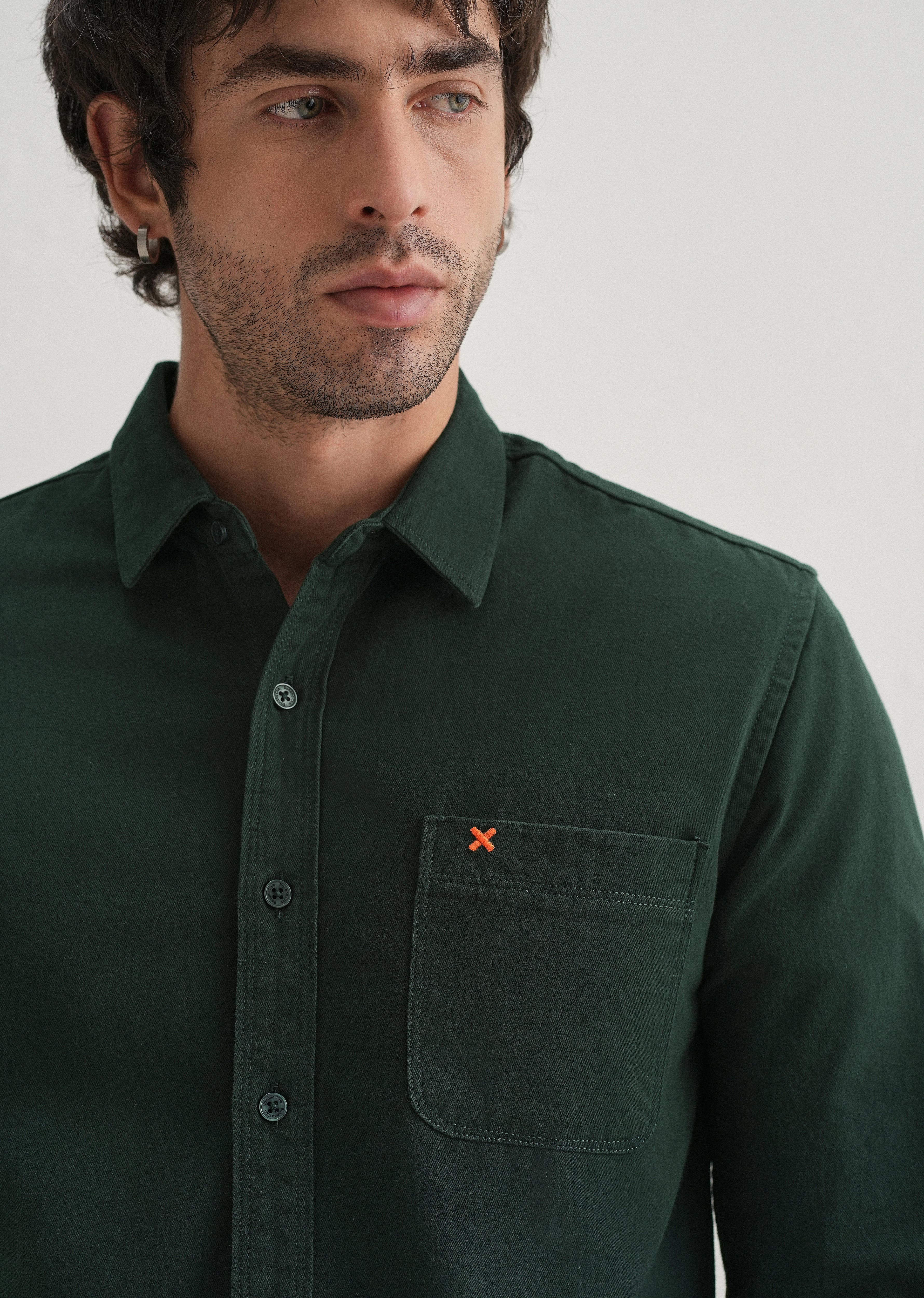 Dark Green Plain Cotton Single Pocket Shirt