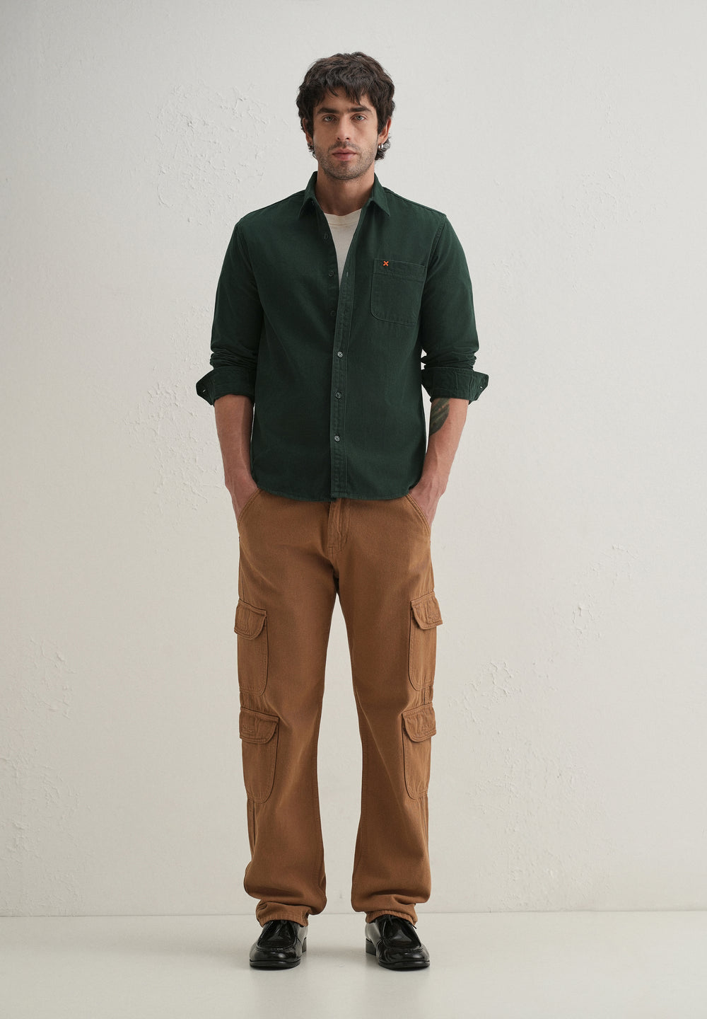 Dark Green Plain Cotton Single Pocket Shirt