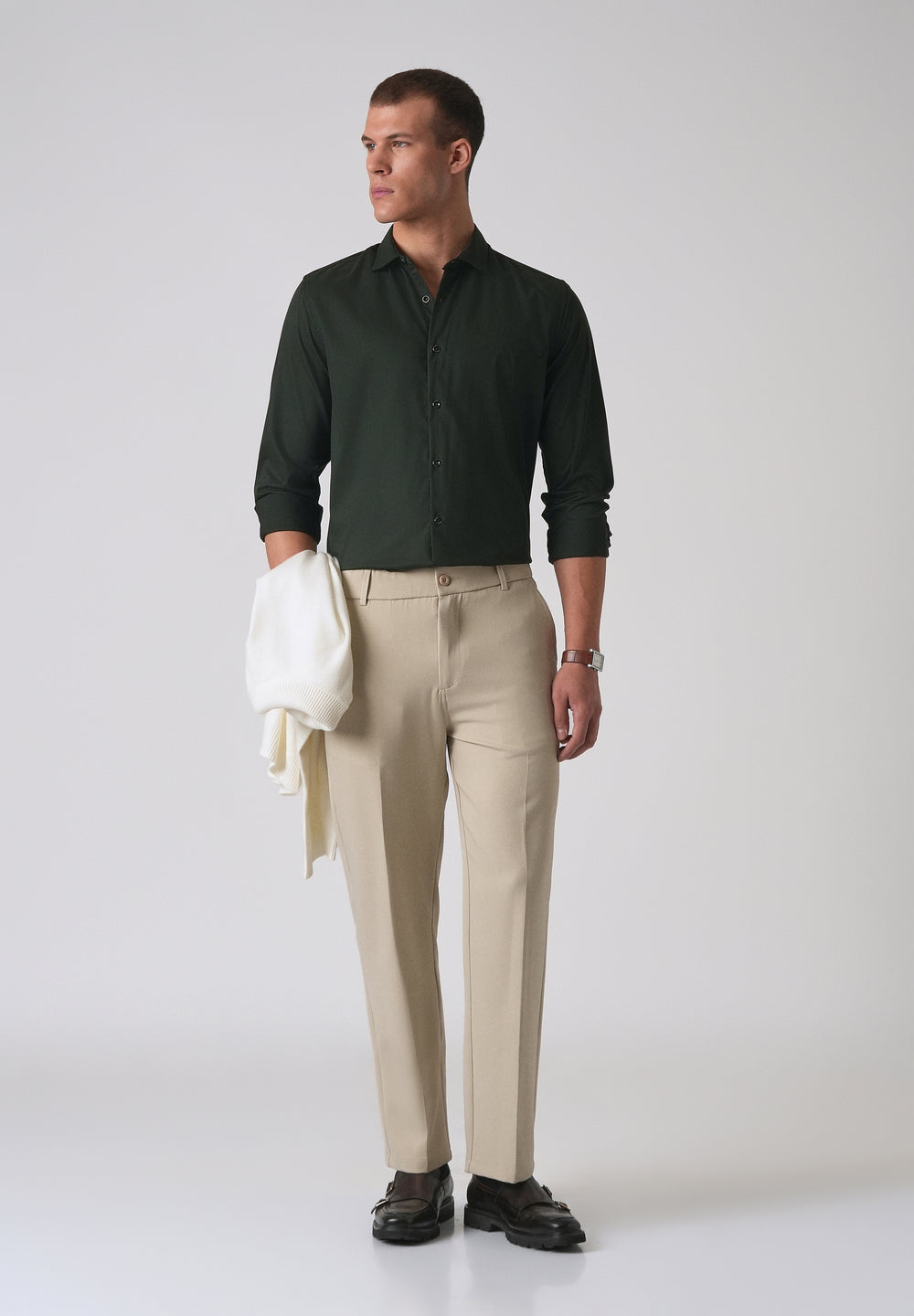 Dark Green Cotton Stretch Plain Shirt