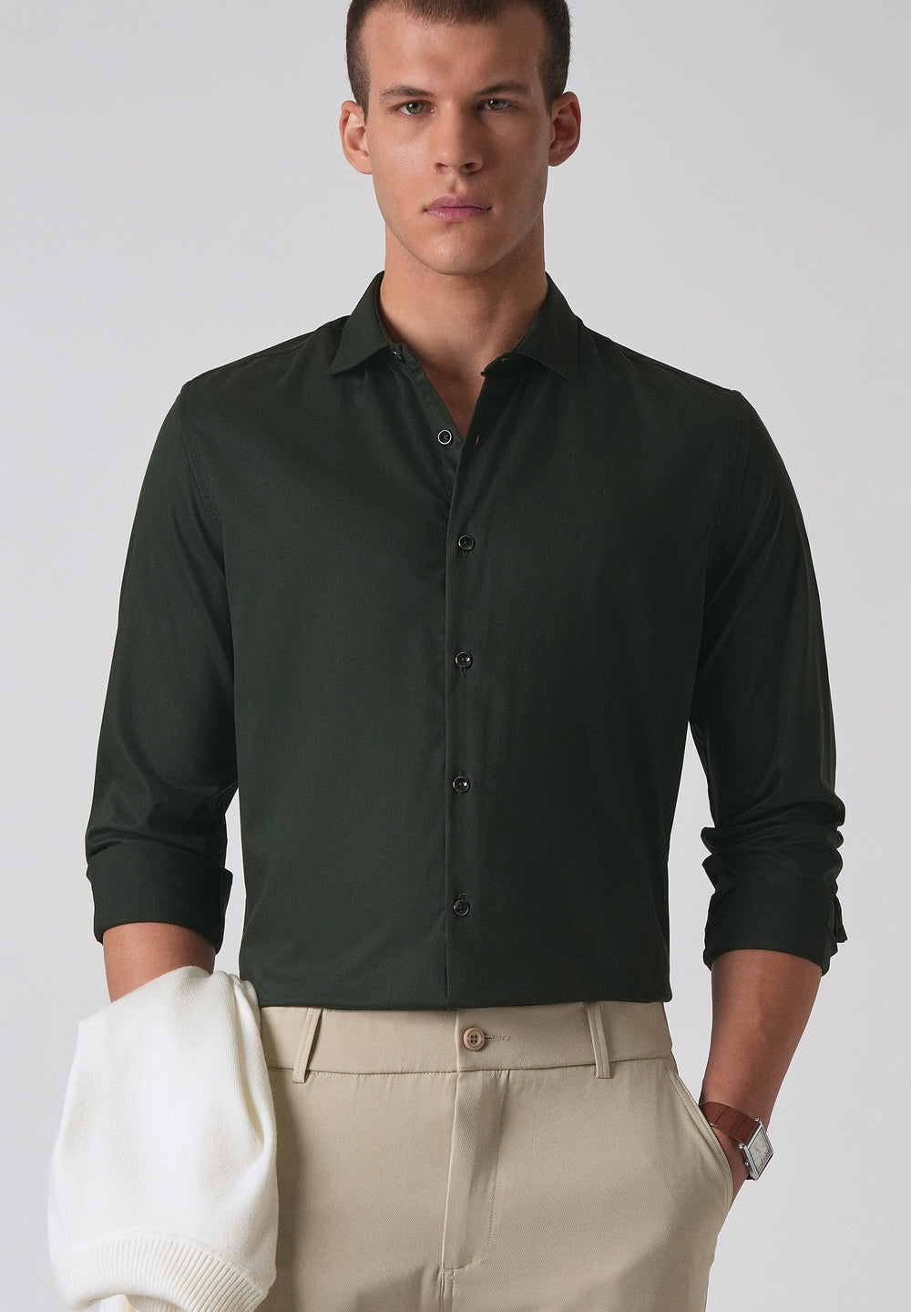 Dark Green Cotton Stretch Plain Shirt