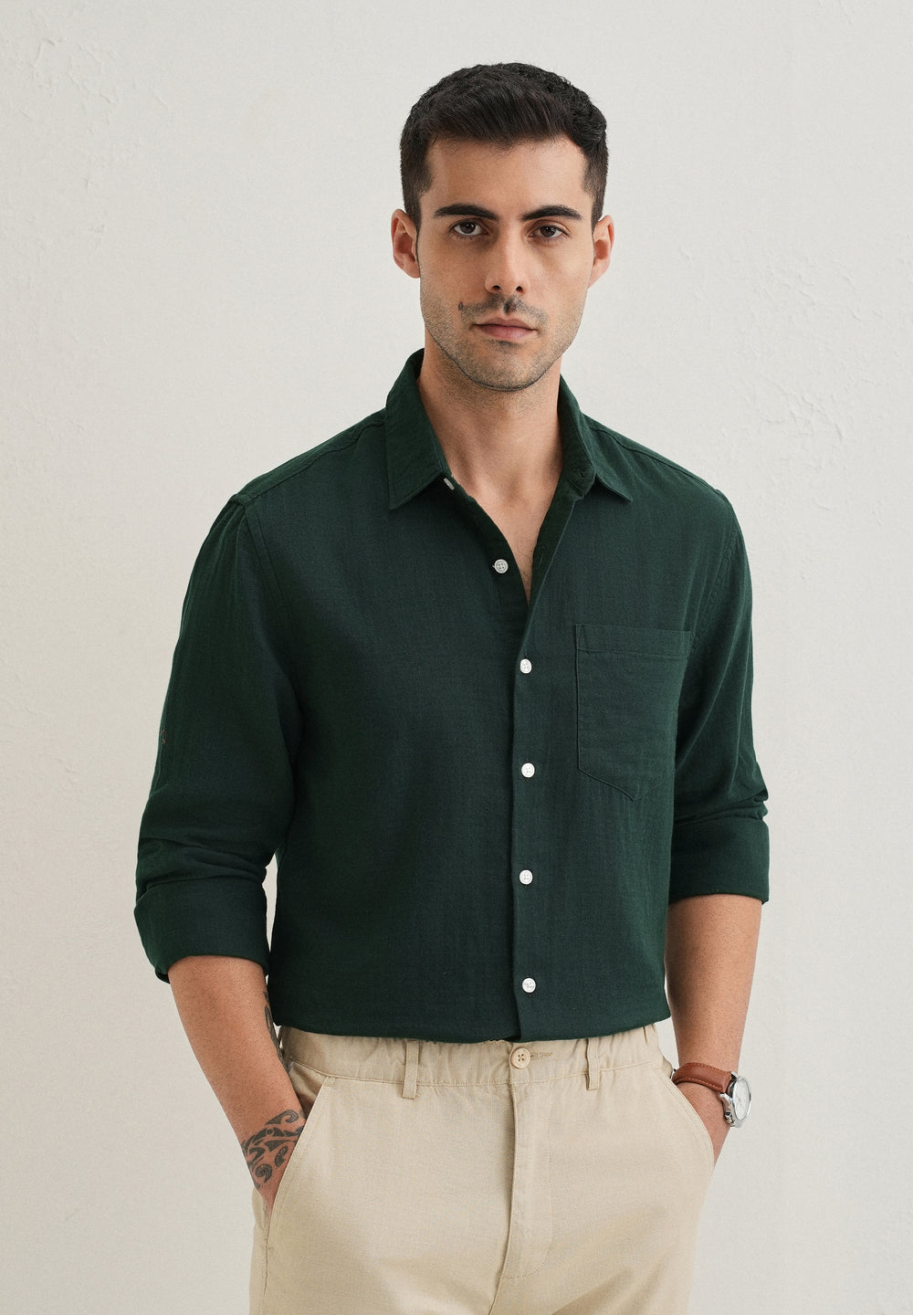 Dark Green Pure Cotton Stitchless Placket Shirt
