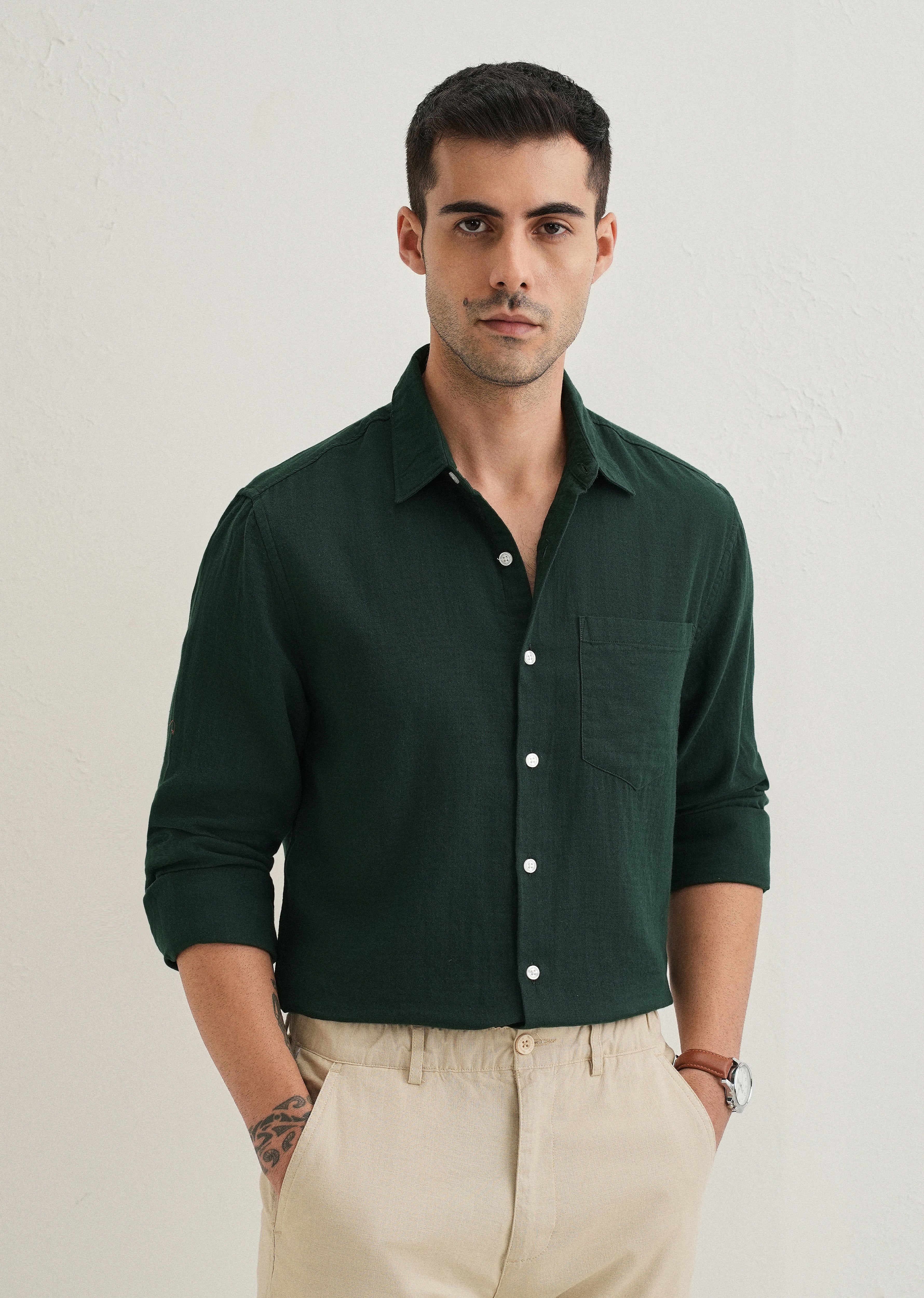 Dark Green Pure Cotton Stitchless Placket Shirt
