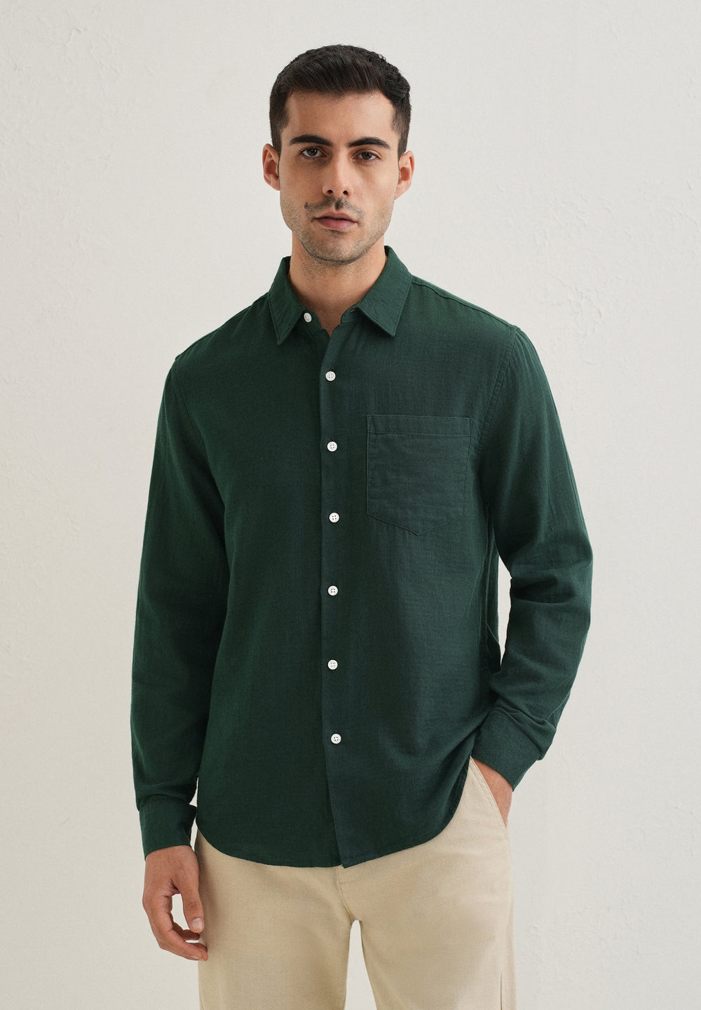 Dark Green Pure Cotton Stitchless Placket Shirt