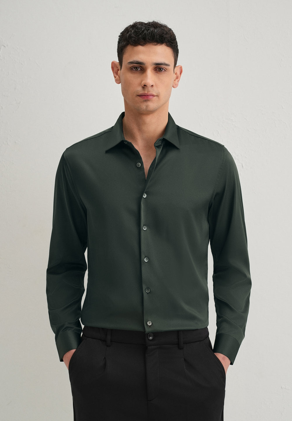 Dark Green Satin-Finish Plain Shirt